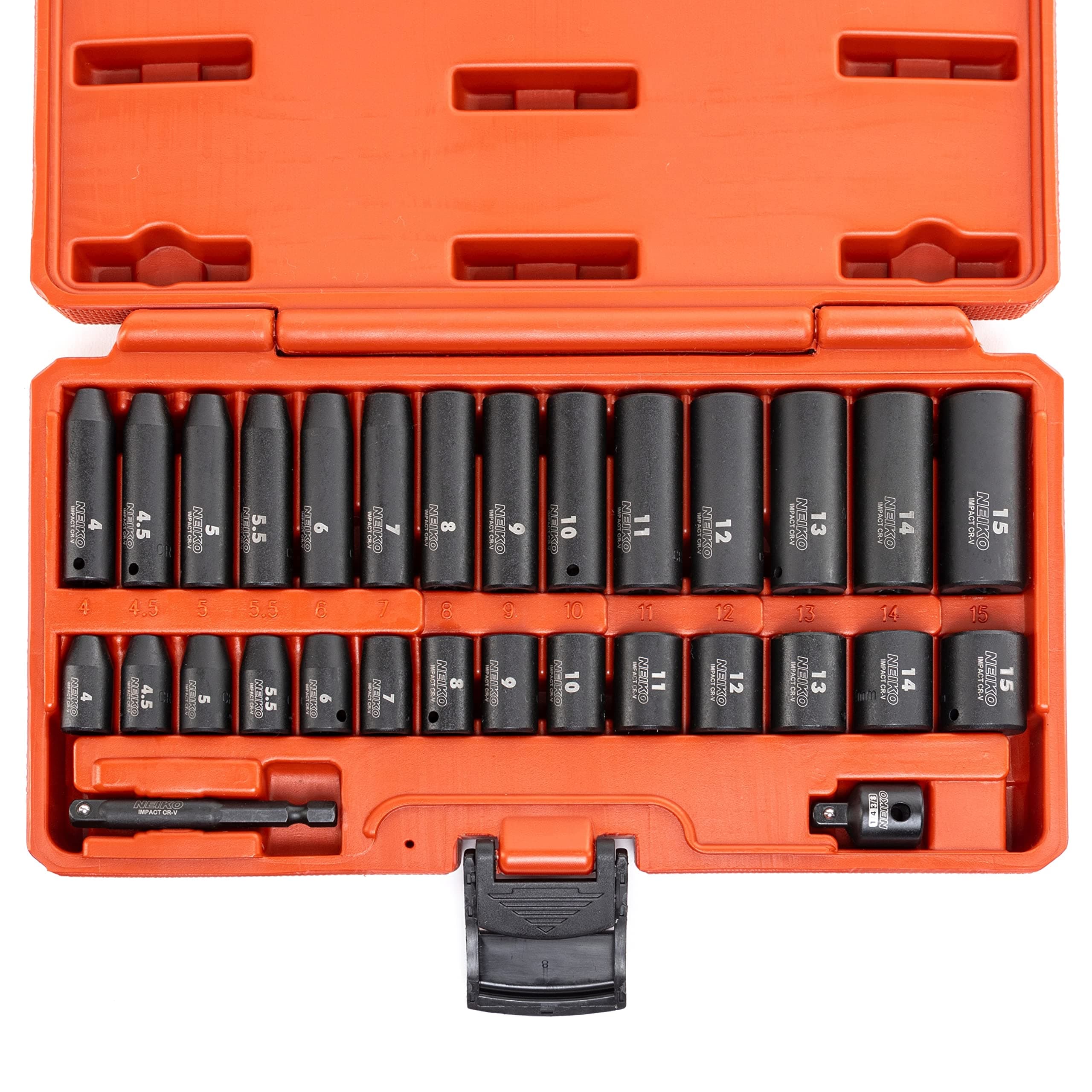 02481A 1/4" Drive Impact Socket Set | 30 Piece | Metric Sizes 4 – 15 MM | Deep and Standard Shallow Sockets | Chrome Vanadium Steel | 3/8” to 1/4” Reducer | Hex Shank Socket Impact Adapter