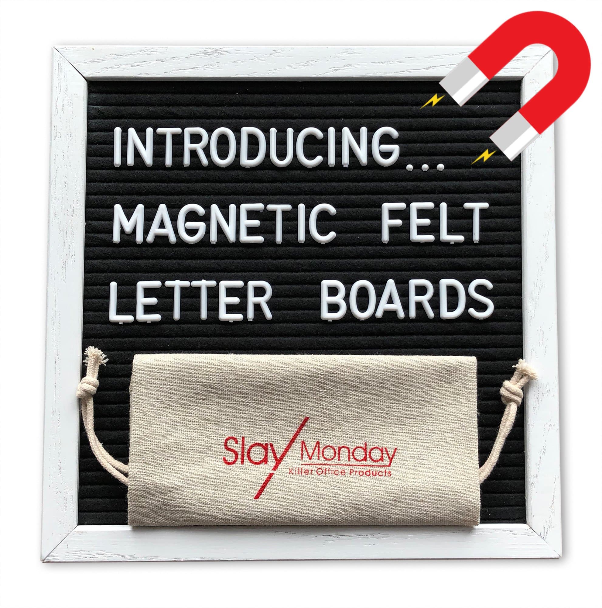 Magnetic Black Felt Letter Board with Magnet Frame, Prop Stand and Hanging Wire by SlayMonday - 10 x 10 inch White Oak Frame with 525 Changeable Plastic Letters and Emojis, Plus Bag and Scissors