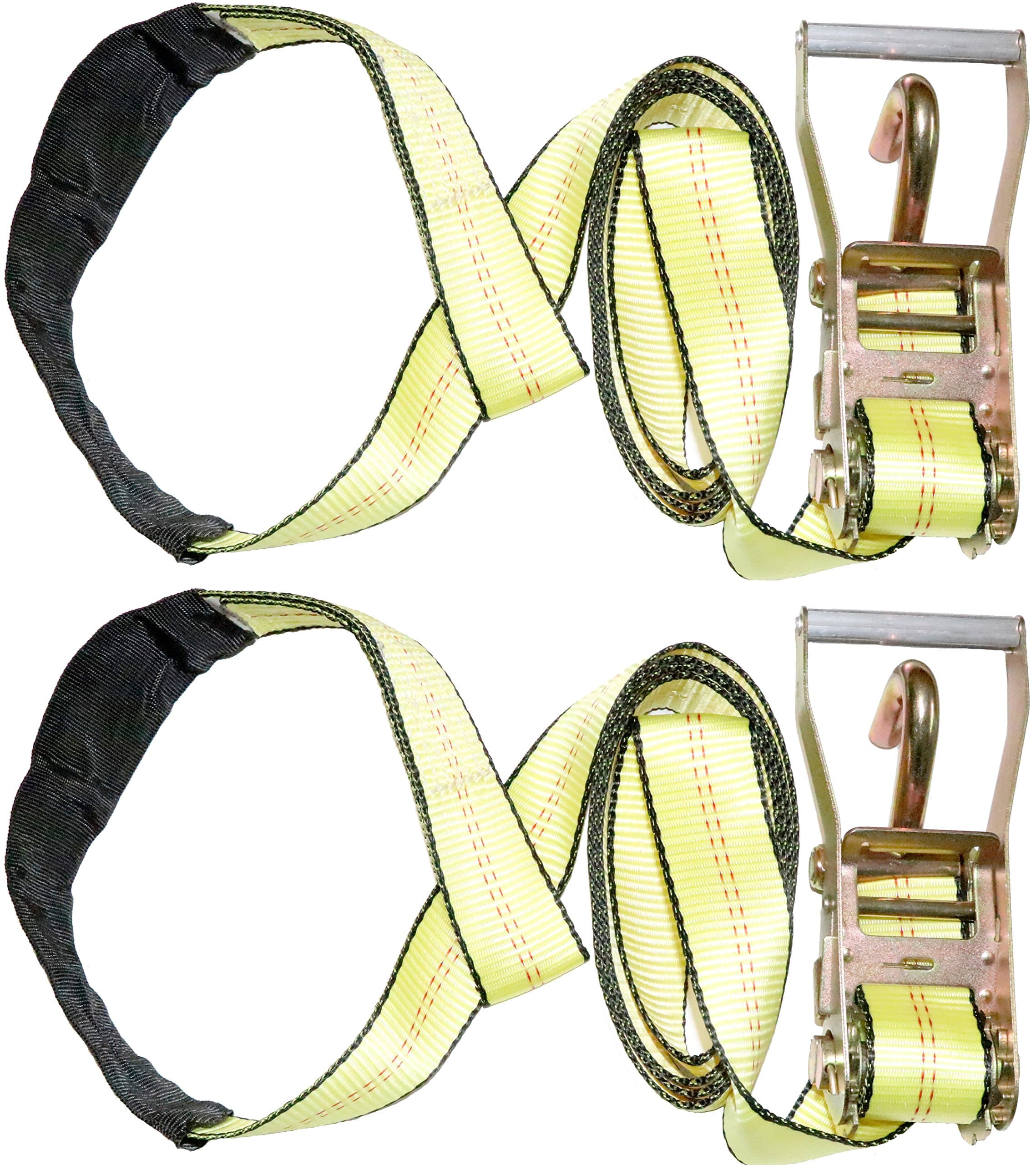 2" X 10' DKG Soft Eye Strap with Finger Hook Ratchet Tie Down - Over Wheel Lasso Strap with Ratchet Car Carrier Tie Down - Compete Car Hauler Trailer Tire Strap with Ratchet (2 Pack)