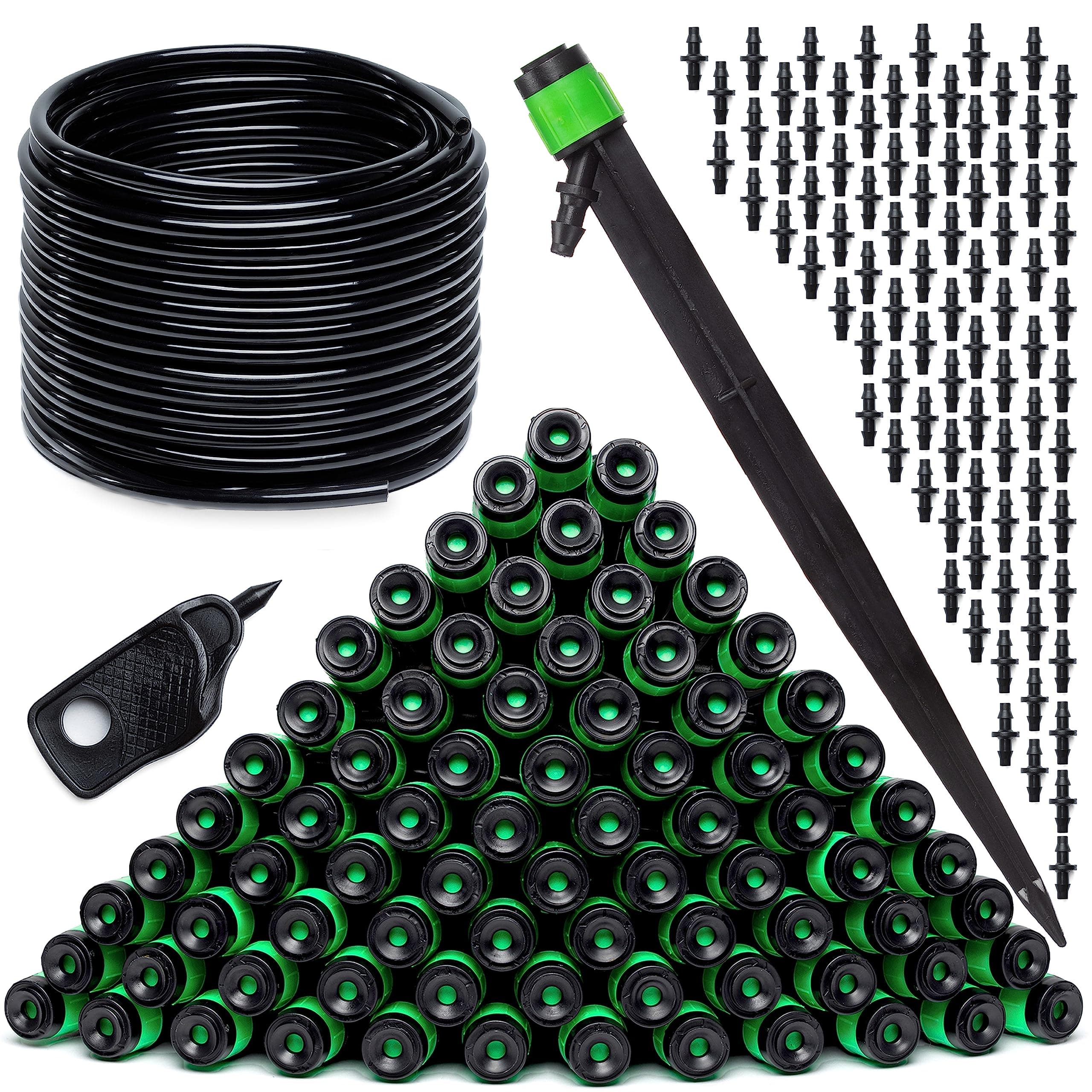 CARPATHENDrip Irrigation Emitters Vortex - 100 pcs Drip Sprinkler Head for 1/4 inch Drip Irrigation Tubing + 1/4 Drip Irrigation Tubing - 100 ft Black Drip Irrigation Hose