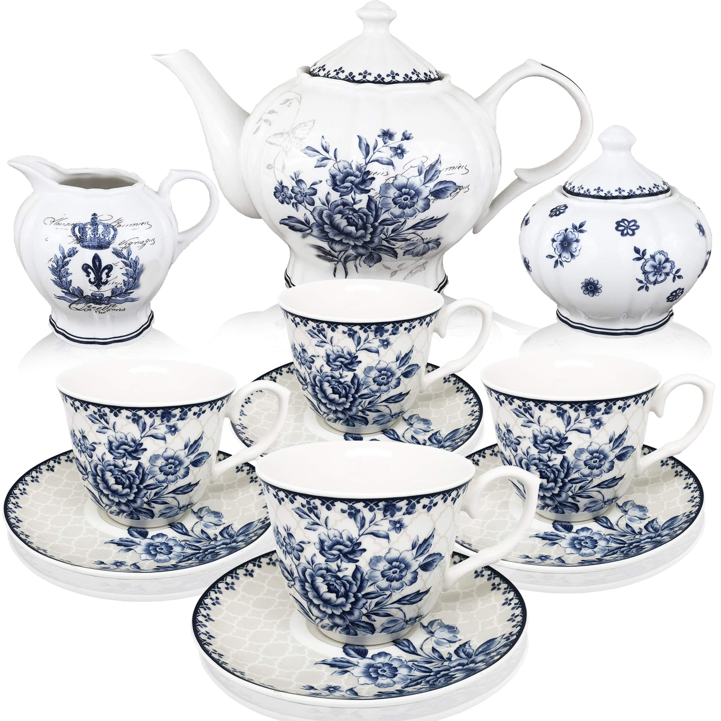 BT?T - Tea Set, China Tea Set, Tea Service, Tea Cups (8oz), Creamer and Sugar Set, Tea Cups and Saucer Set, Tea Pot, Tea Set for Adults, Tea Cups Set of 4, Blue Dream Tea Set, Porcelain Tea Set, Cups