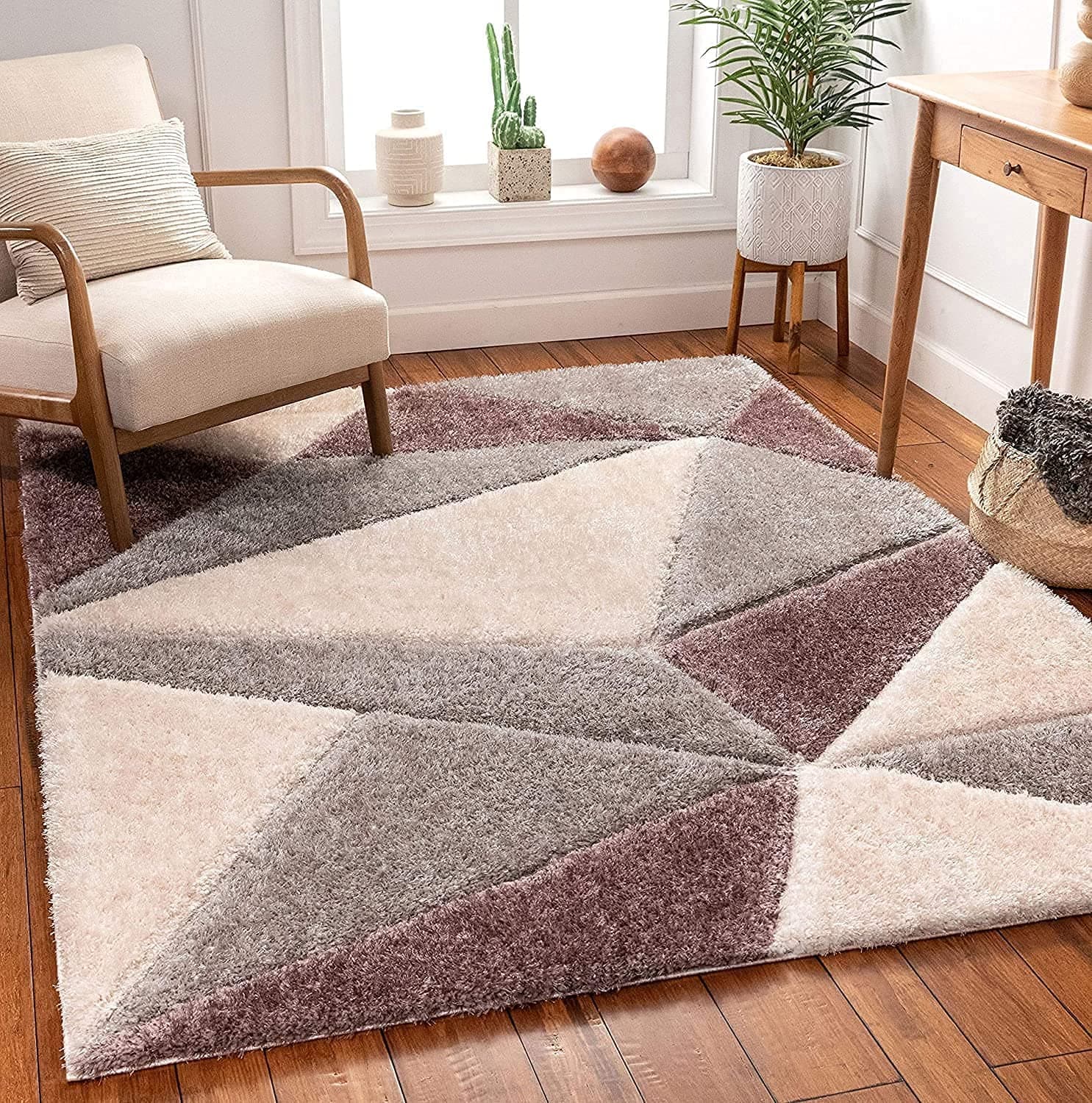 Modern Geometric 3D Textured Thick And Soft Shaggy Rectangular Rug & Galicha Carpet Mat (5X7 Feet - Medium Size M, Colour - Wine Silver)