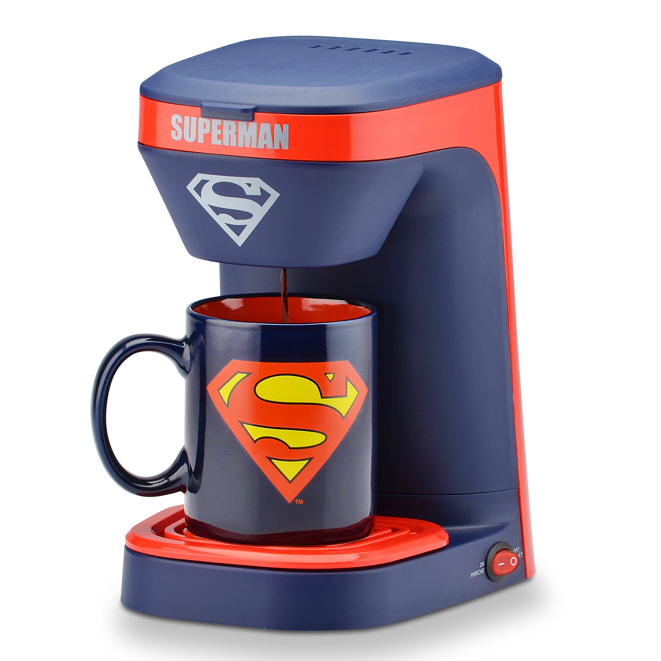 DC Comics Superman 1-Cup Coffee Maker with 12 Oz Superman Mug by Select Brands - Superhero Kitchen Accessories - Drip Coffee Maker & Cup - Gifts for Superman Fans
