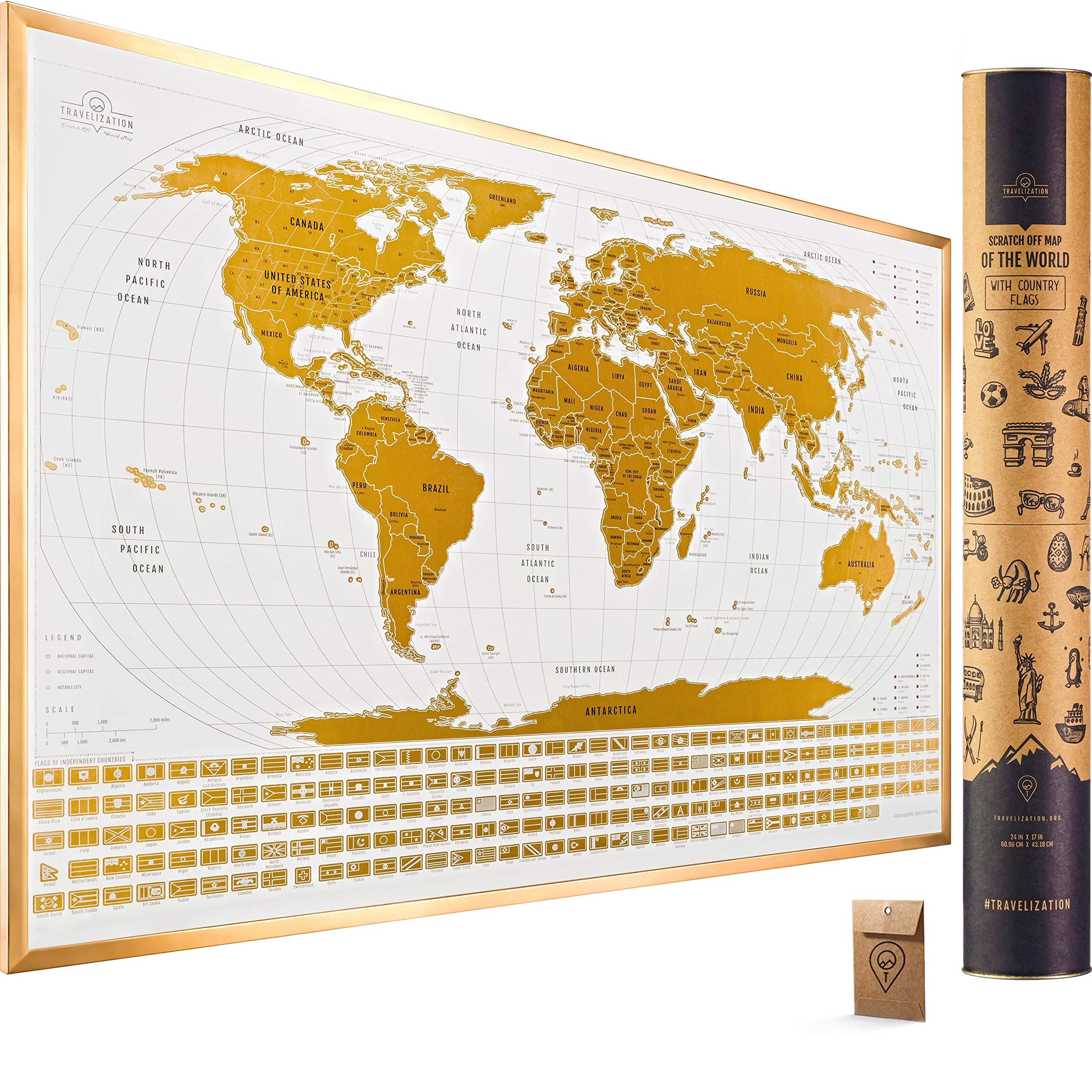 Travelization Scratch Off World Map with 196 Country Flags 24" x 17" Frameable Travel Map with Vibrant Colors and Premium Gold Coating, Beautiful Visited Places Tracker for Travelers, White