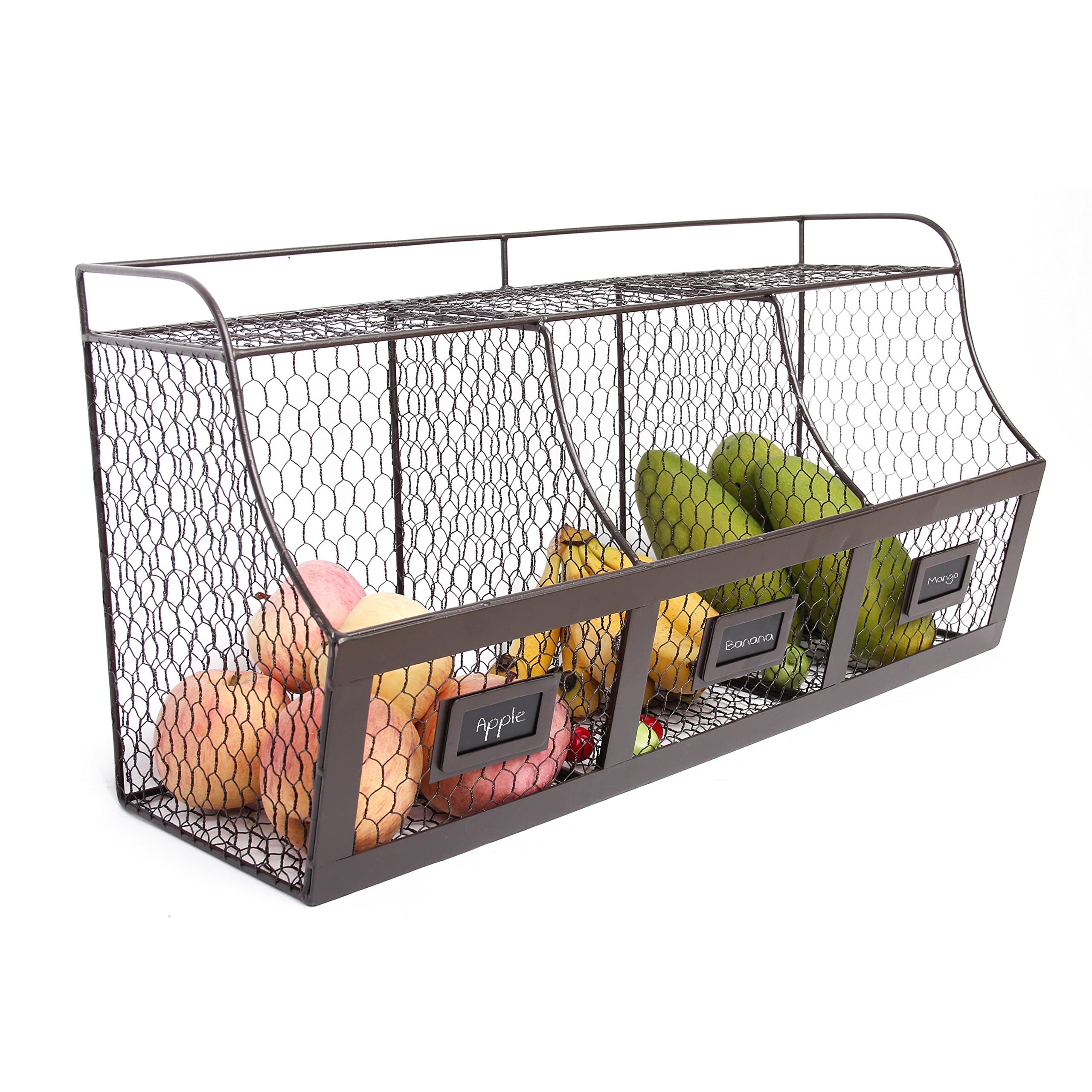 Large Rustic Wall Mounted Brown Metal Wire Hanging Fruit Basket，Storage Organizer for kitchen，barthroom,livingroom， Wash room，office and shop with three Chalkboards