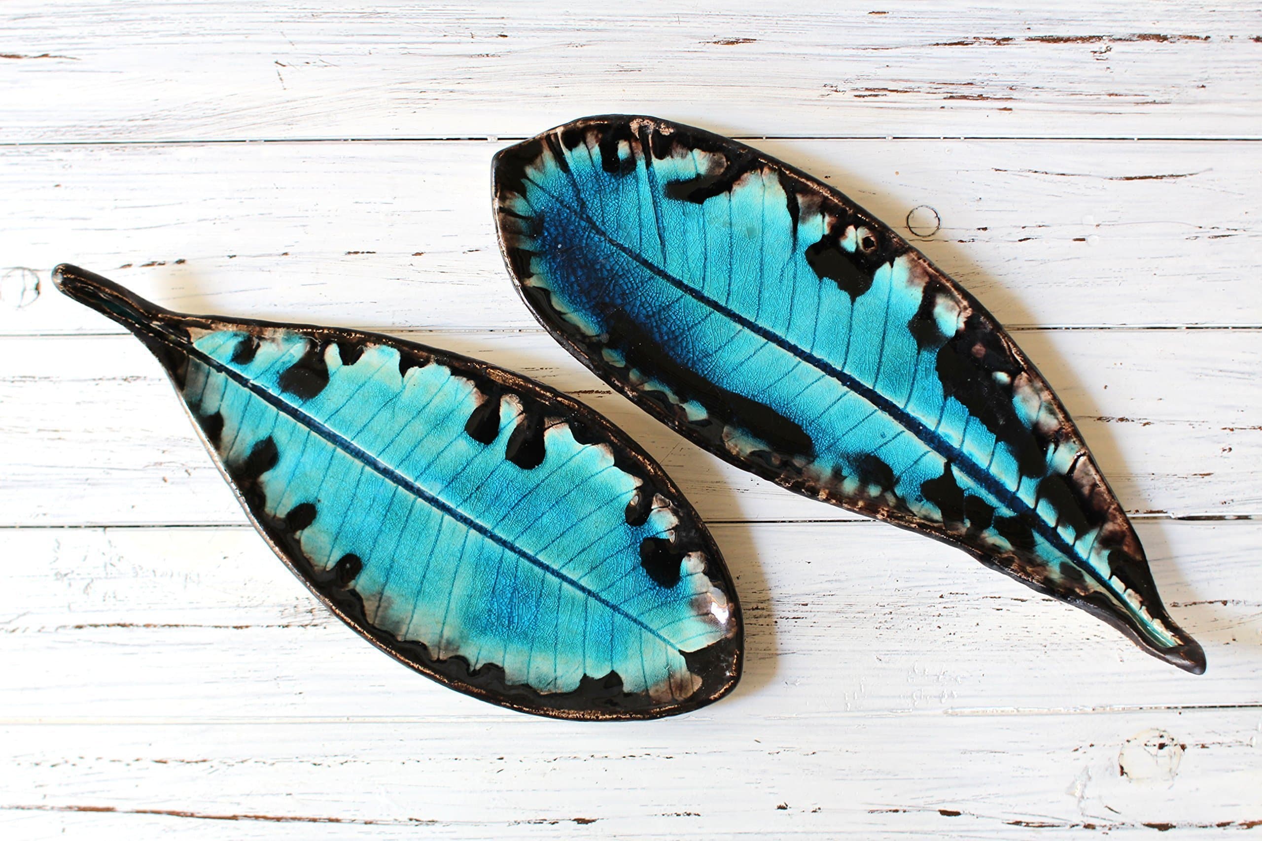 Handmade Decorative Ceramic Dish, OOAK Leaf Candle Holder / Spoon Rest in Brown and Turquoise