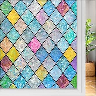 rabbitgoo Stained Glass Window Film Rainbow Film Decorative 3D Privacy Sticker Colorful Lattice Window Decals Cling, Sun Catcher Static Decals for Home 23.6"×118.1"