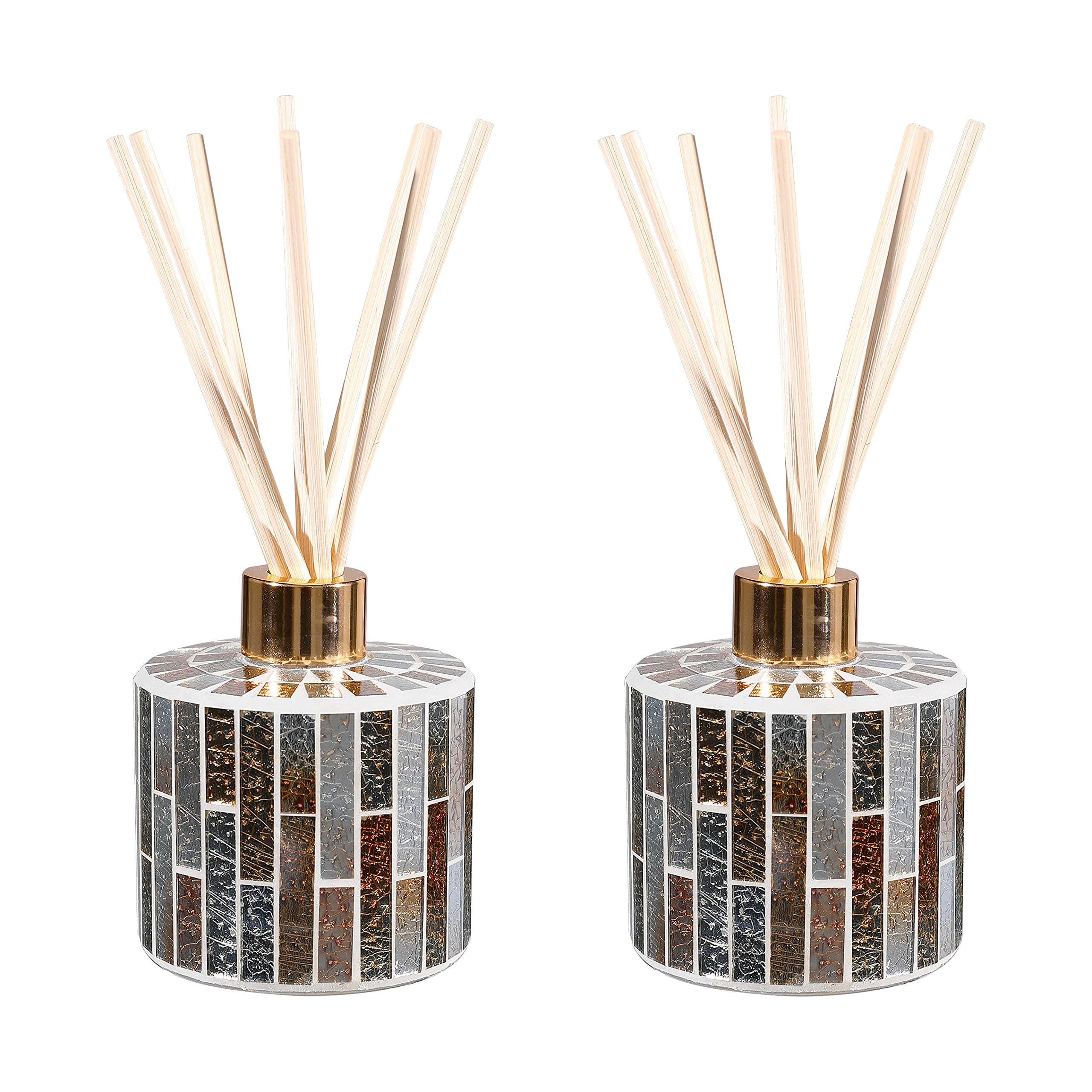7.3oz Decorative Vertical Stripe Mosaic Glass Reed Diffuser Bottle Set with Silver Caps & 16pcs Natural Feed Sticks-Set of 2 - Ideal for Home Fragrance, Bathroom Decoration, Accent (Amber)