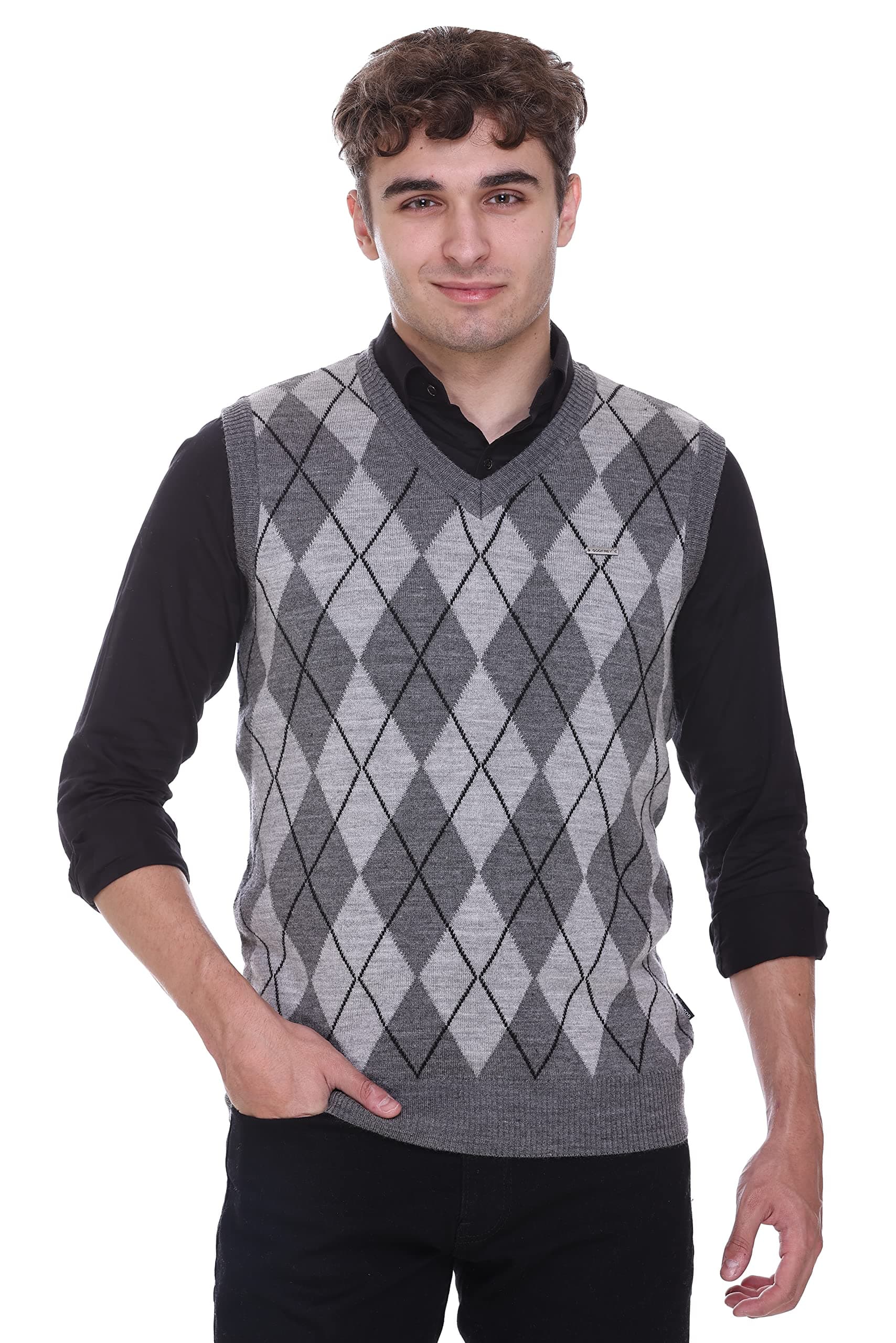 - Woolen V Neck Sleeveless Half Sweater for Man Winter Pullover
