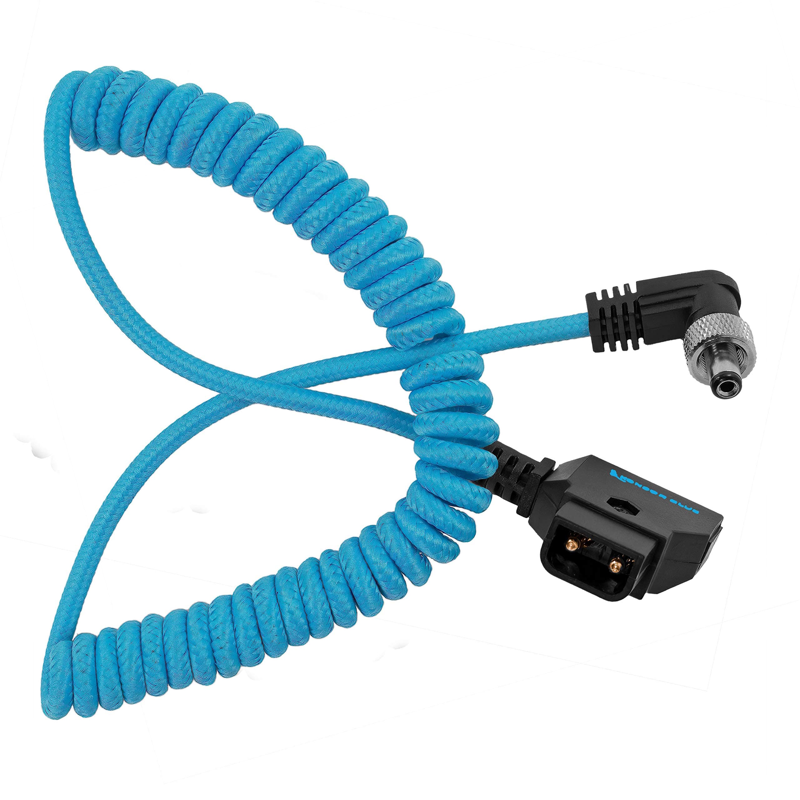 KONDOR BLUE | Coiled D-Tap to Locking DC 2.1mm Right Angle Cable | 16-32" Length, Right-Angle Locking Connector, Ultra-Durable, & Nylon Braided with Reinforced Connectors | Blue