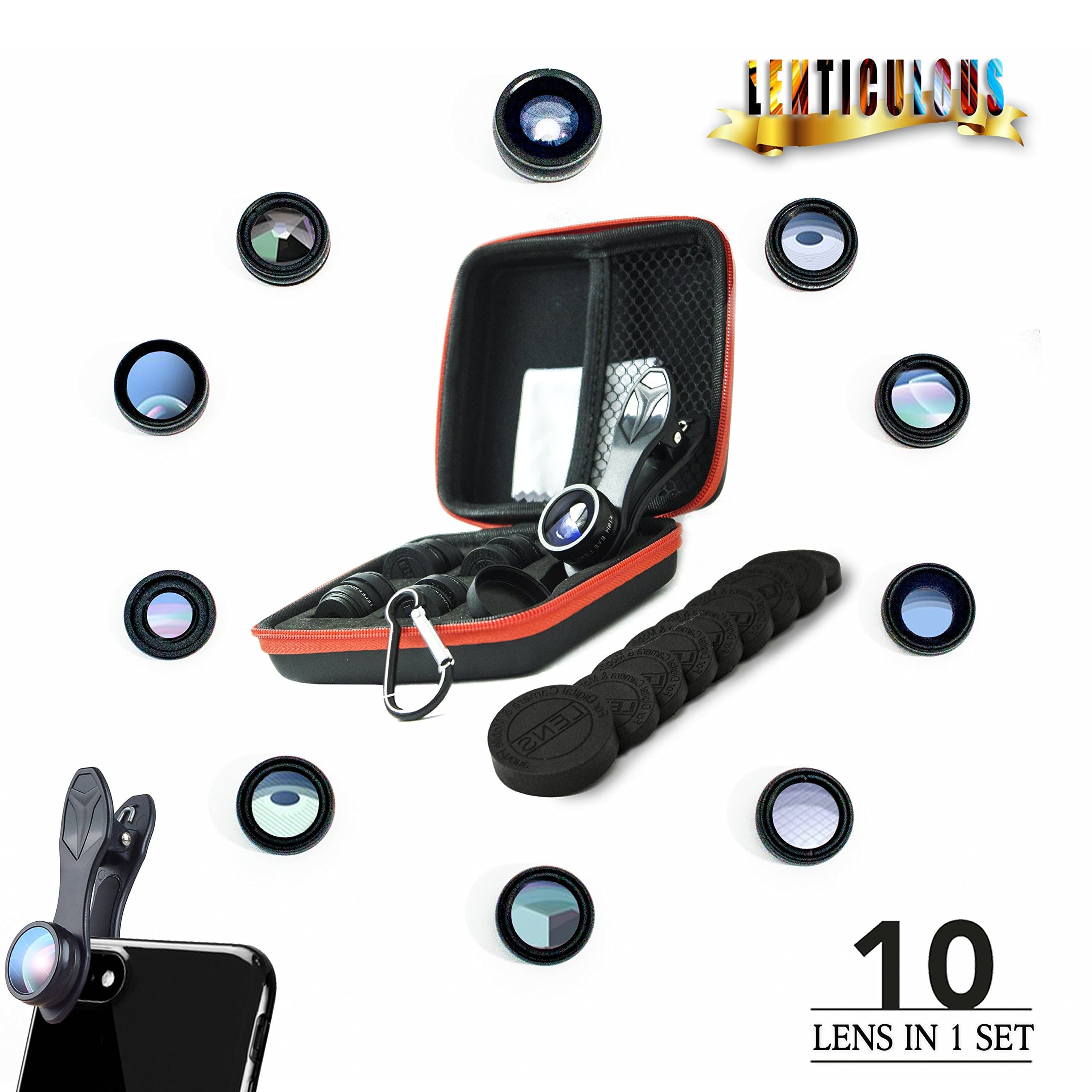 10 in 1 Cell Phone Camera Lens attachment Kit for Iphone/Samsung android/Tablets/laptop Clip On smartphone Macro lenses -Wide Angle-Fish Eye-Telephoto-CPL-Flow-Radial-Star Filter - Kaleidoscope