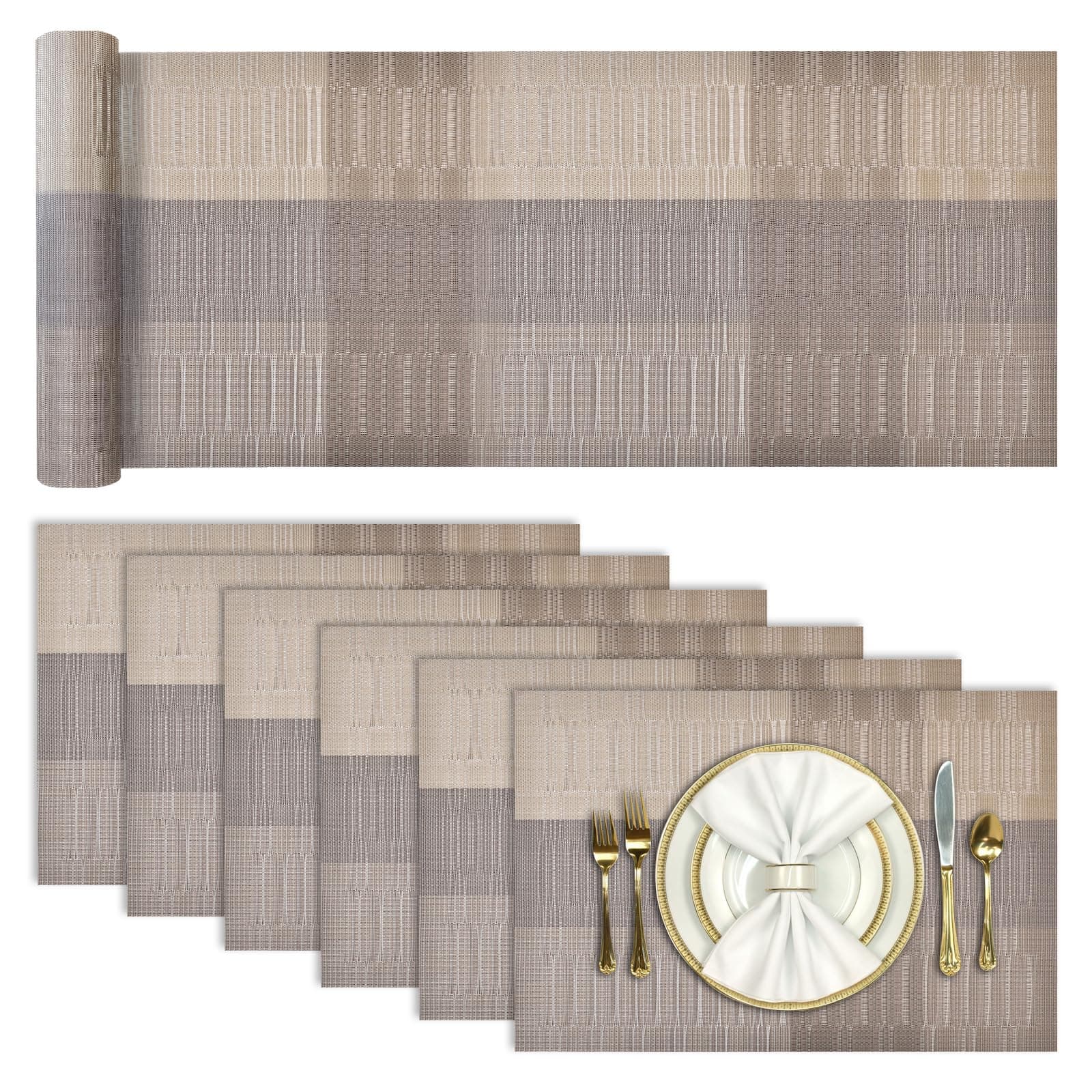 Aofmee Table Runner and Placemats, Heat Resistant Table Mats Set of 6, Washable PVC Place Mats with Runner, Woven Vinyl Plastic Placemats for Kitchen Dining, Non-Slip Stain Resistant Outdoor Placemat