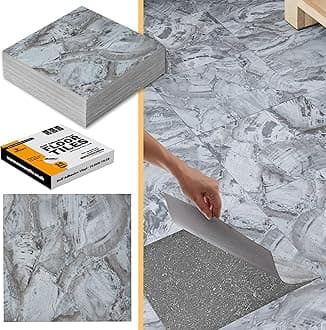 Vinyl Floor Tiles Self Adhesive - 50 Pack / 50sqf (4.65 sqm) Vinyl Flooring Peel And Stick Floor Tile - 12x12 inch (30.5x30.5cm) - For Kitchen, Living Room and Bathroom - Charcoal Marble Flow