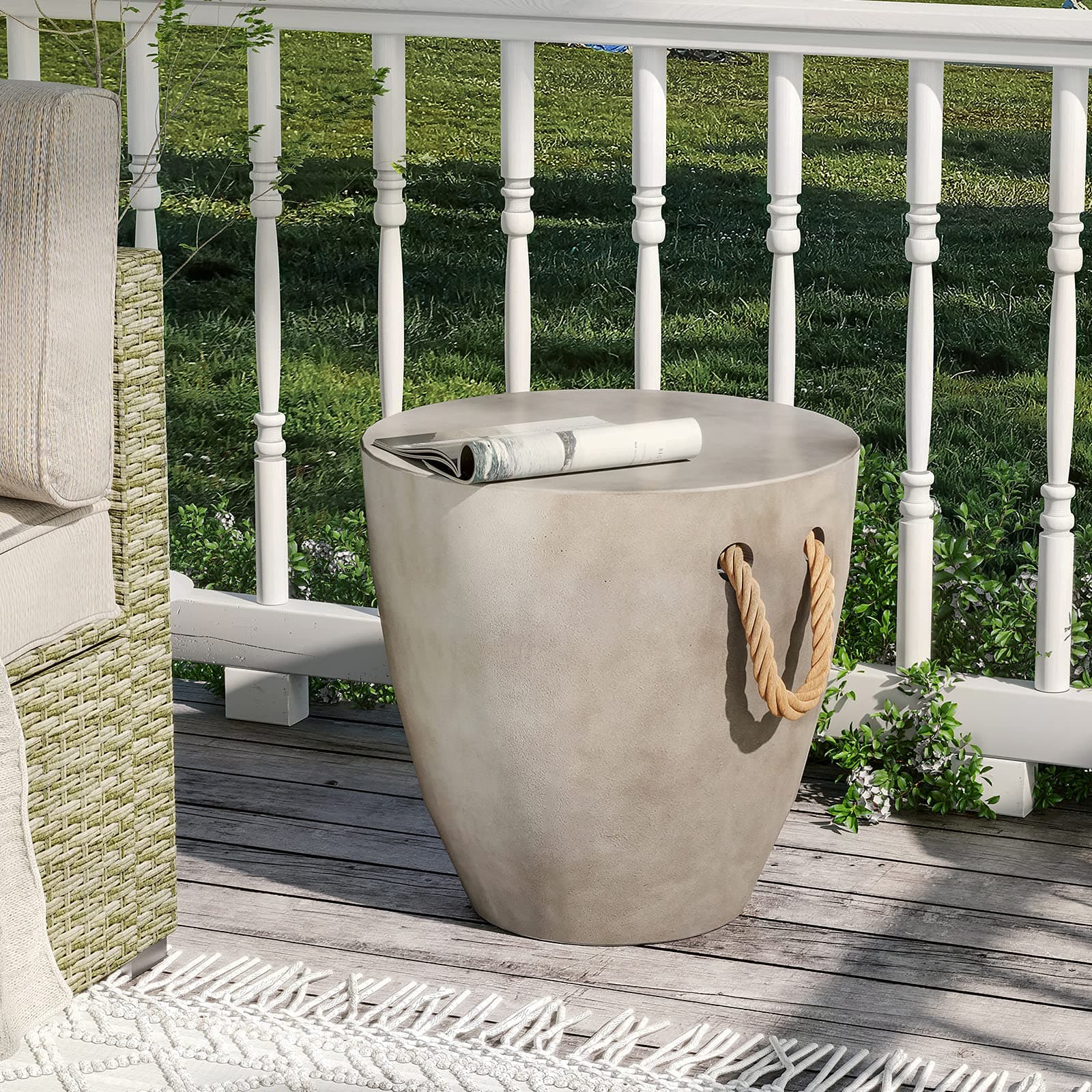 SUNBURY Outdoor Side Table Concrete Side Table, 17" H Small Outdoor Side Table End Table for Patio w Hemp Rope, Ceramic Round Coffee Table Accent Table Garden Outdoor Plant Stands