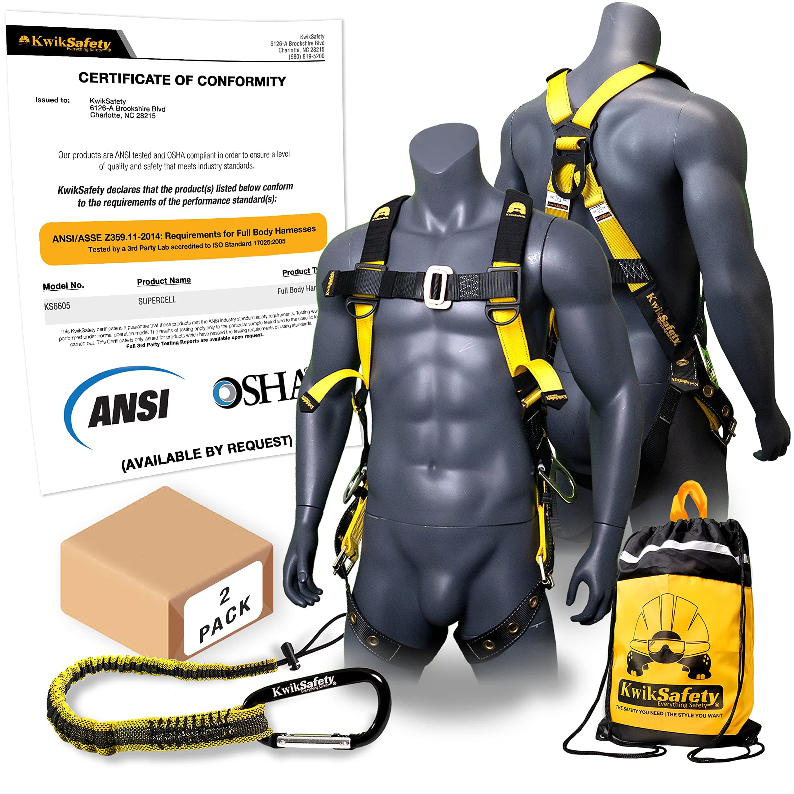 Charlotte, NC - SUPERCELL Safety Harness [2 PACK] Premium Shoulder Padding ANSI OSHA Full Body Fall Protection Work Equipment | Construction Tower Climbing Roofing