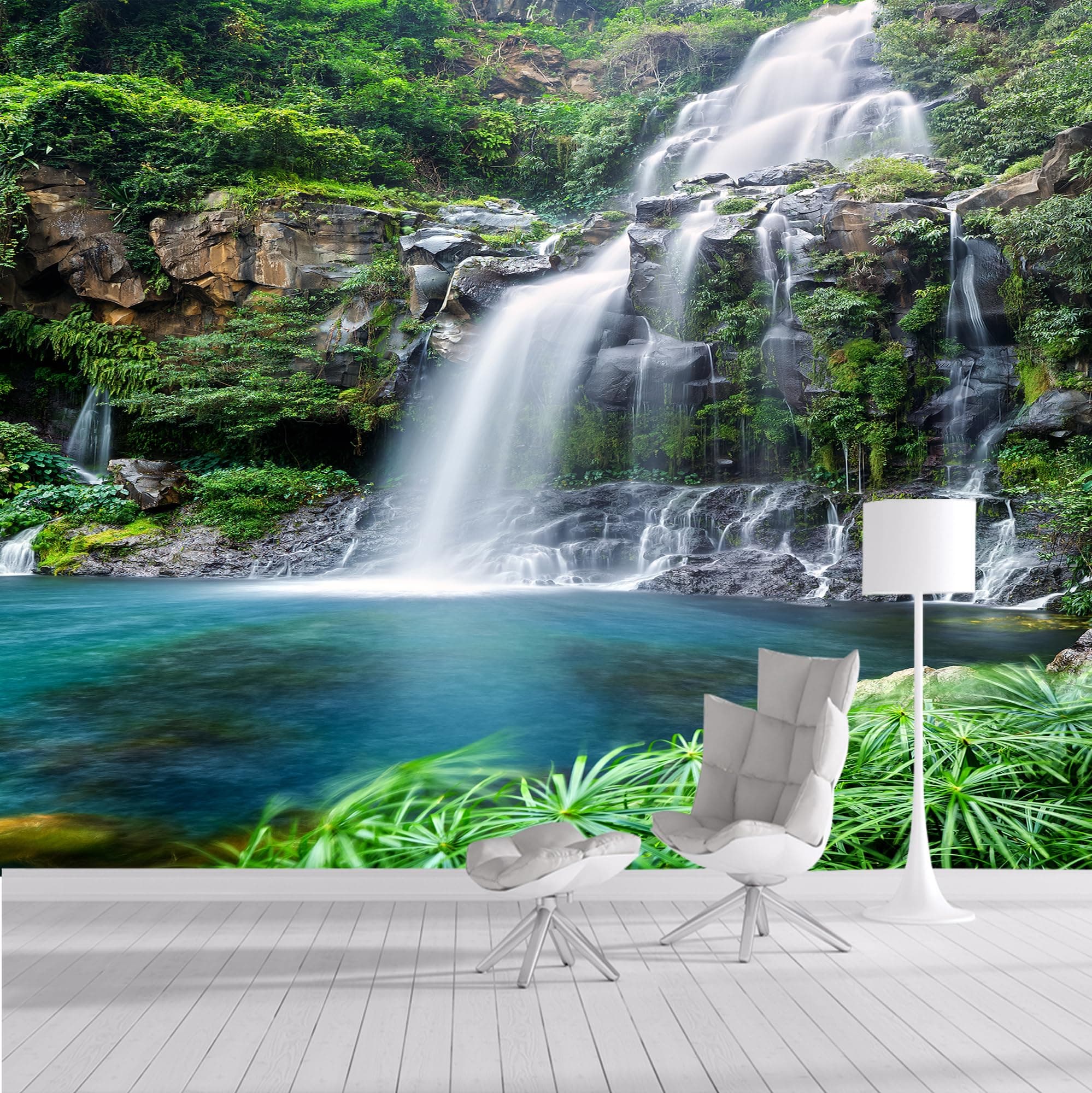 Custom Size Wall Murals，Removable Peel and Stick Self-Adhesive Wall Murals Large Photo Wallpaper,3D Waterfall Lake Forest Natural Scenery for Living Room Bedroom