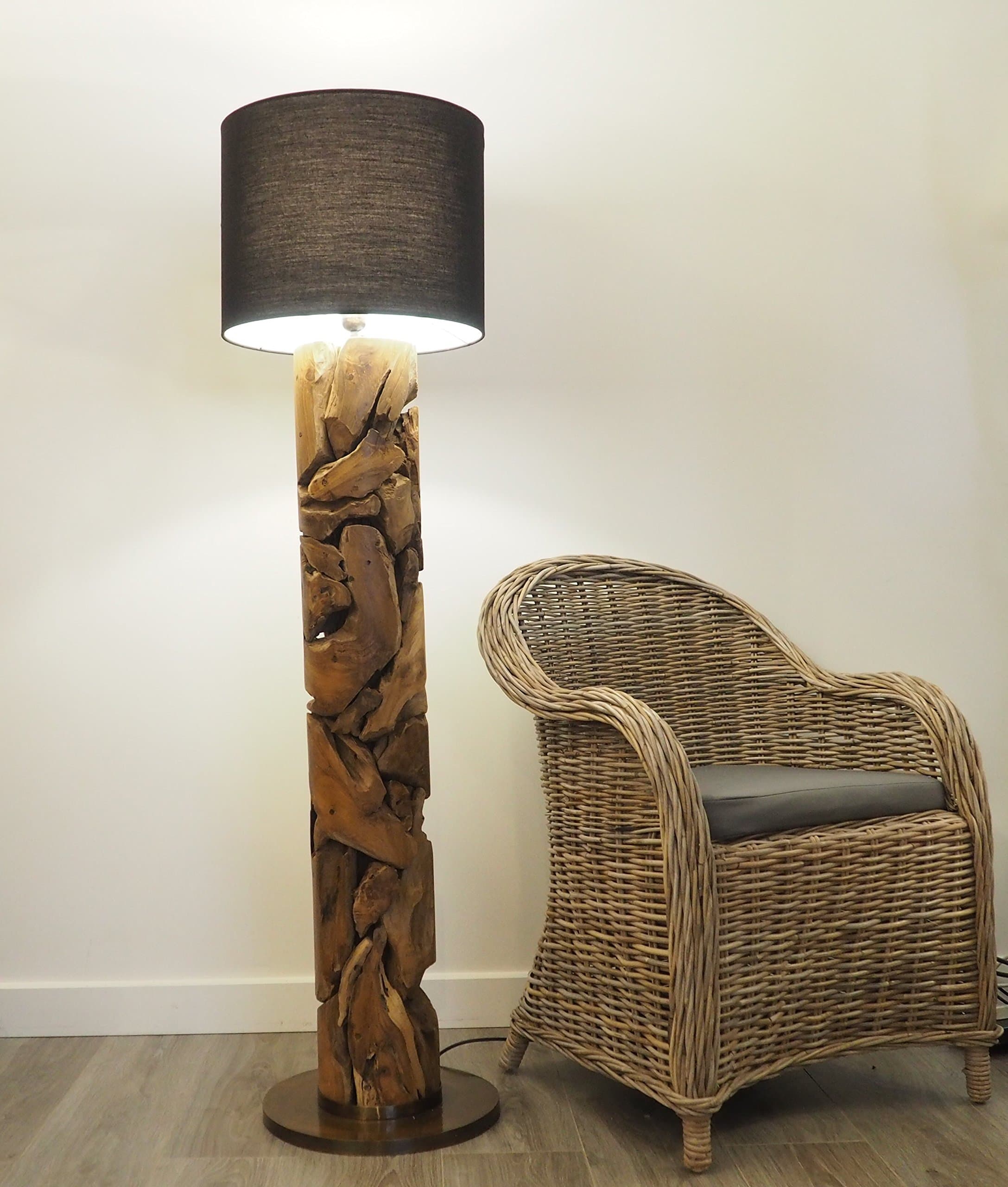 Wooden Pipe Floor Lamp Medium - Xilon - Includes a Black Lampshade 145cm H.
