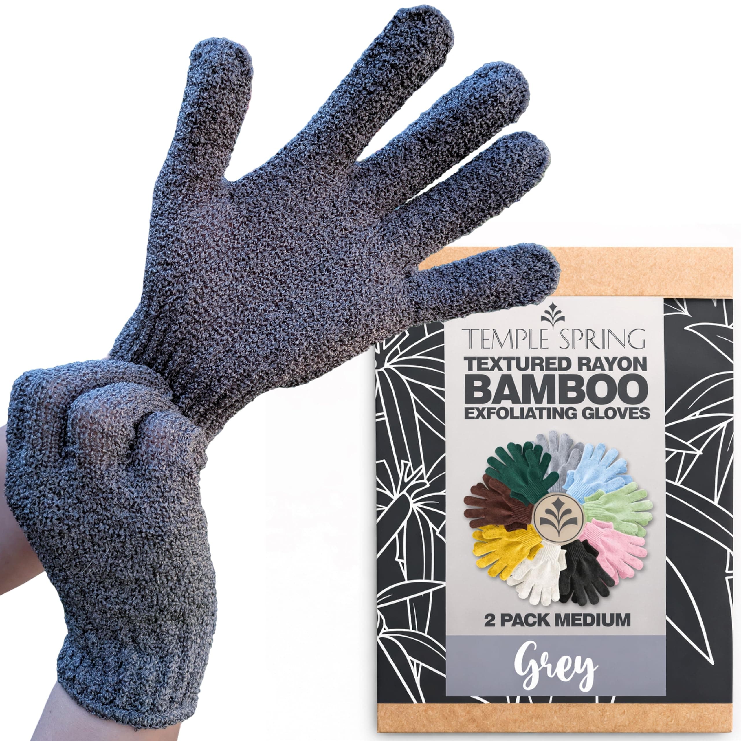 Temple Spring Exfoliating Gloves - Bamboo Shower Bath And Body Exfoliator Mitts Scrubs Away Ingrown Hair Dead Skin Natural Eco Microfibre Grey