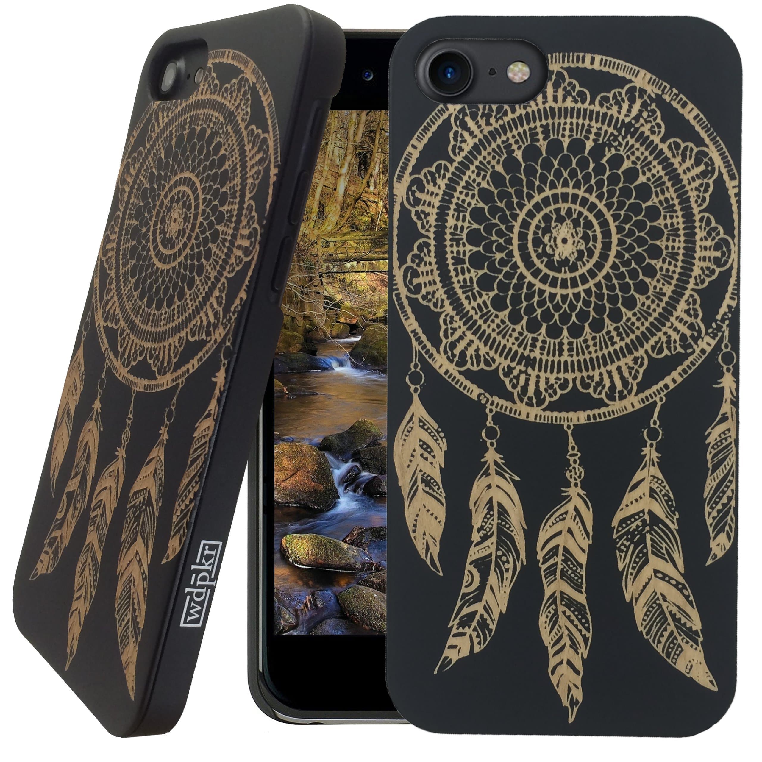 Wood iPhone Case - iPhone 7 / Wood iPhone 7 Case - WDPKR Wooden Phone Cover - Unique High Contrast Black Painted Wood Bumper Accessory for Apple iPhone 7 (Dream Catcher)