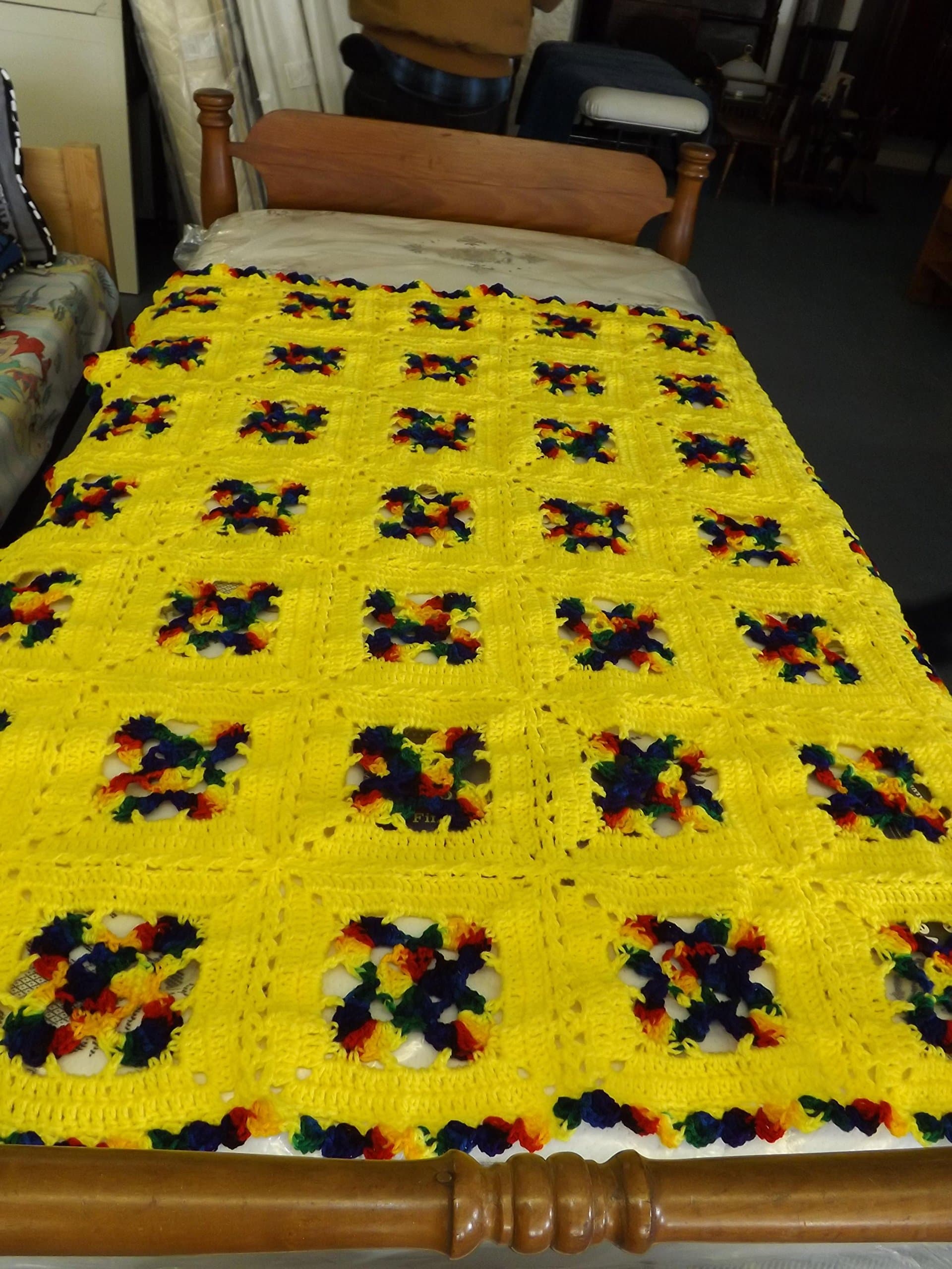 Bright Yellow Afghan Throw, Blanket, Bold Multi Colored, Hand Crocheted, Original Pattern