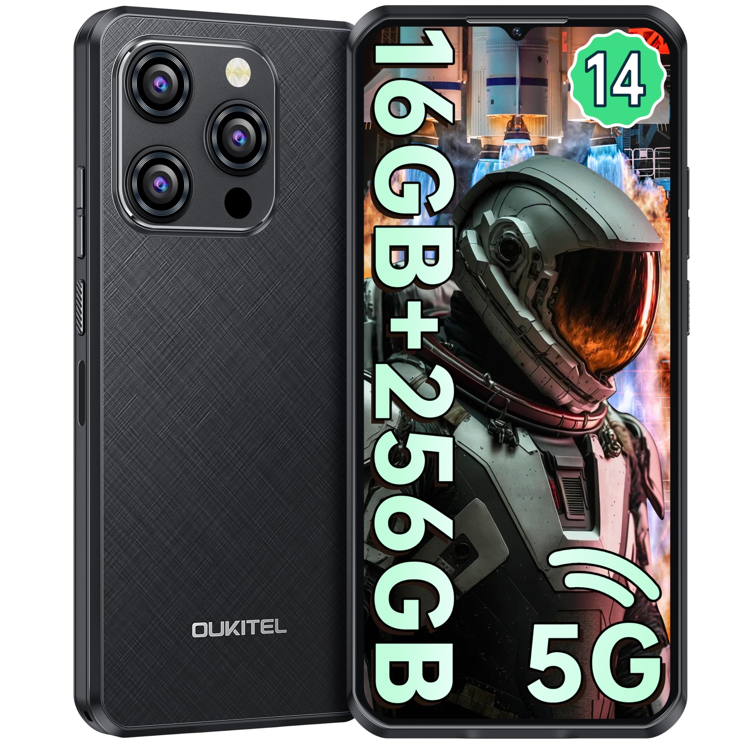 OUKITEL WP52 Rugged Phone Android 14-6.6Inch 60Hz Fullview Display, 5G Smartphone with 256GB+16GB, 48MP & 8MP Waterproof Cameras, 6500 mAh Battery Face Unlocked, OTG, GPS,NFC/Black