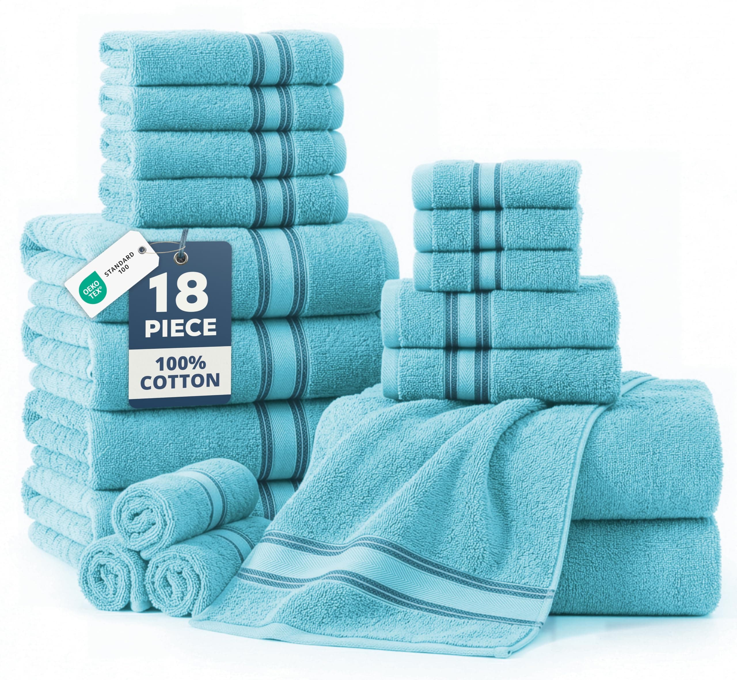 LANE LINEN Towel Sets for Bathroom - 18-Pack Zero Twist 100% Cotton Towels, 6 Bath, 6 Hand & 6 Washcloths, Soft & Highly Absorbent, Premium Hotel & Spa-Quality Design, Easy To wash - Blue