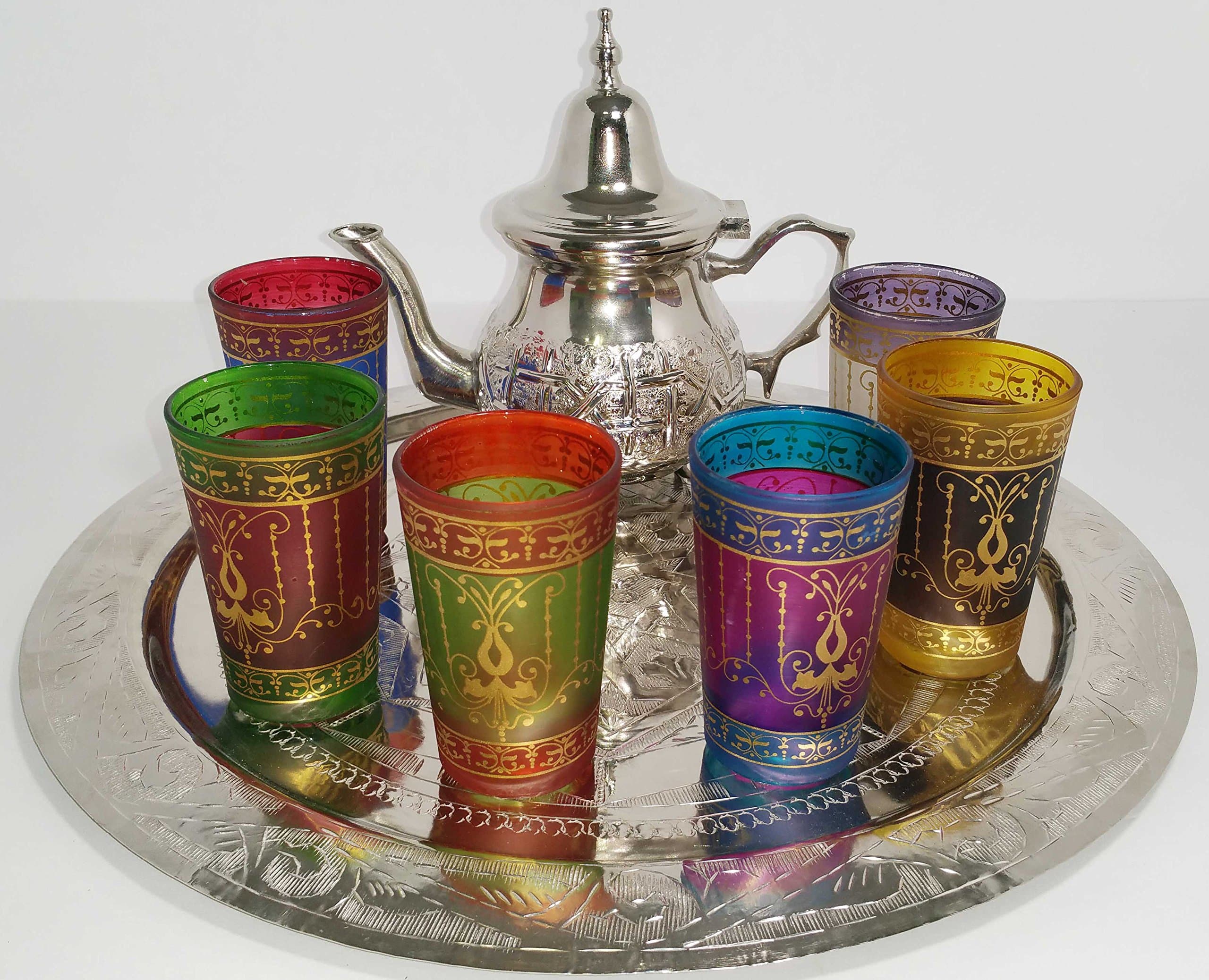 Moroccan Tea Serving Tray Set 1 TEAPOT 6 GLASSES 1 Tray Turkish Middle East