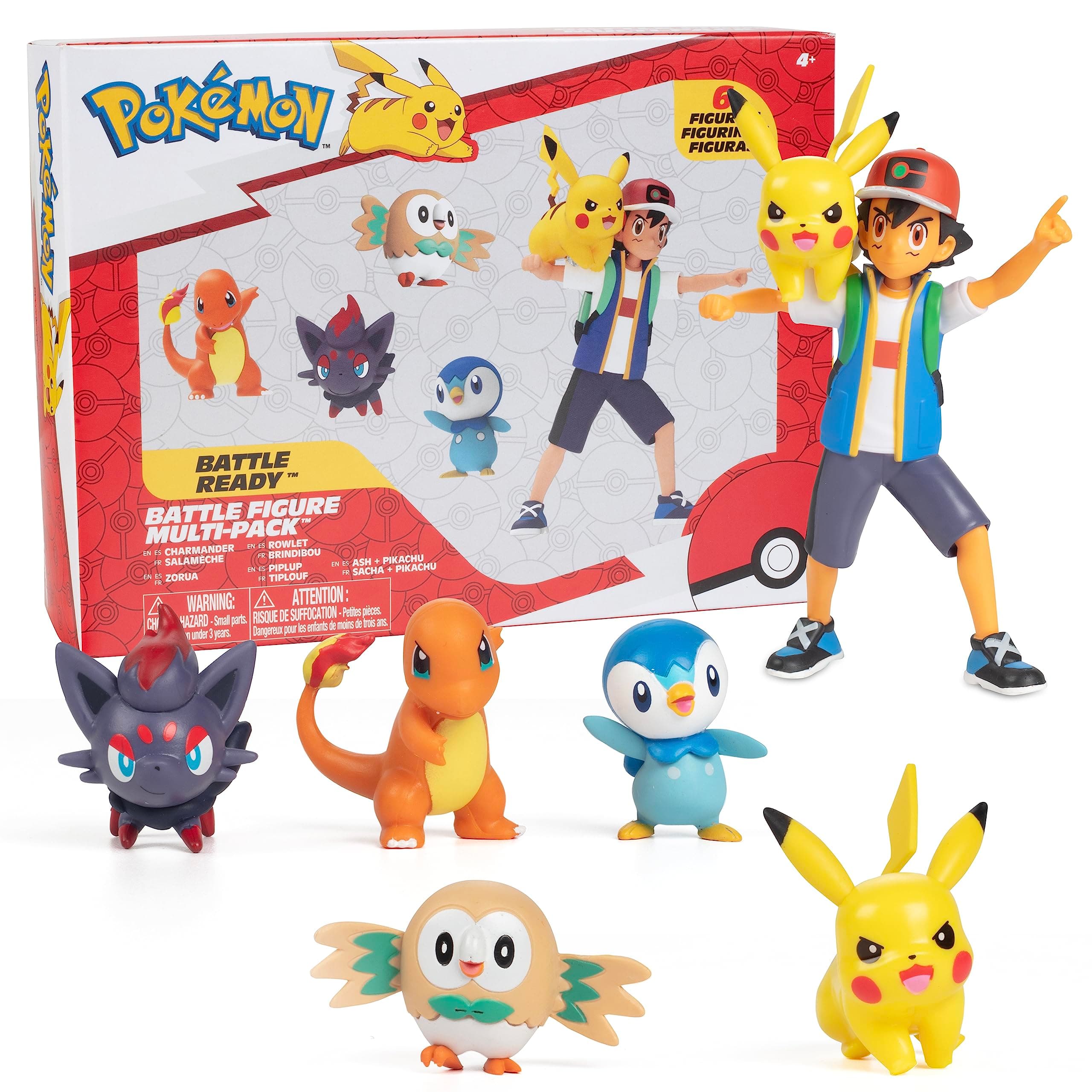 Battle Ready! Figure Set, 6 Pieces - 4.5" Ash & Launching Pikachu, 2" Charmander, Rowlet, Piplup, Zorua - Officially Licensed - Easter Basket Stuffer Gift for Kids, Boys, Girls