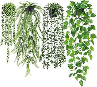 Der Rose 4 Packs Fake Plants Hanging with Pots Artificial Ivy Vine Faux Eucalyptus Hanging Plants, Boston Fern, String of Pearls for Home Room Wall Shelf Indoor Outdoor Decor