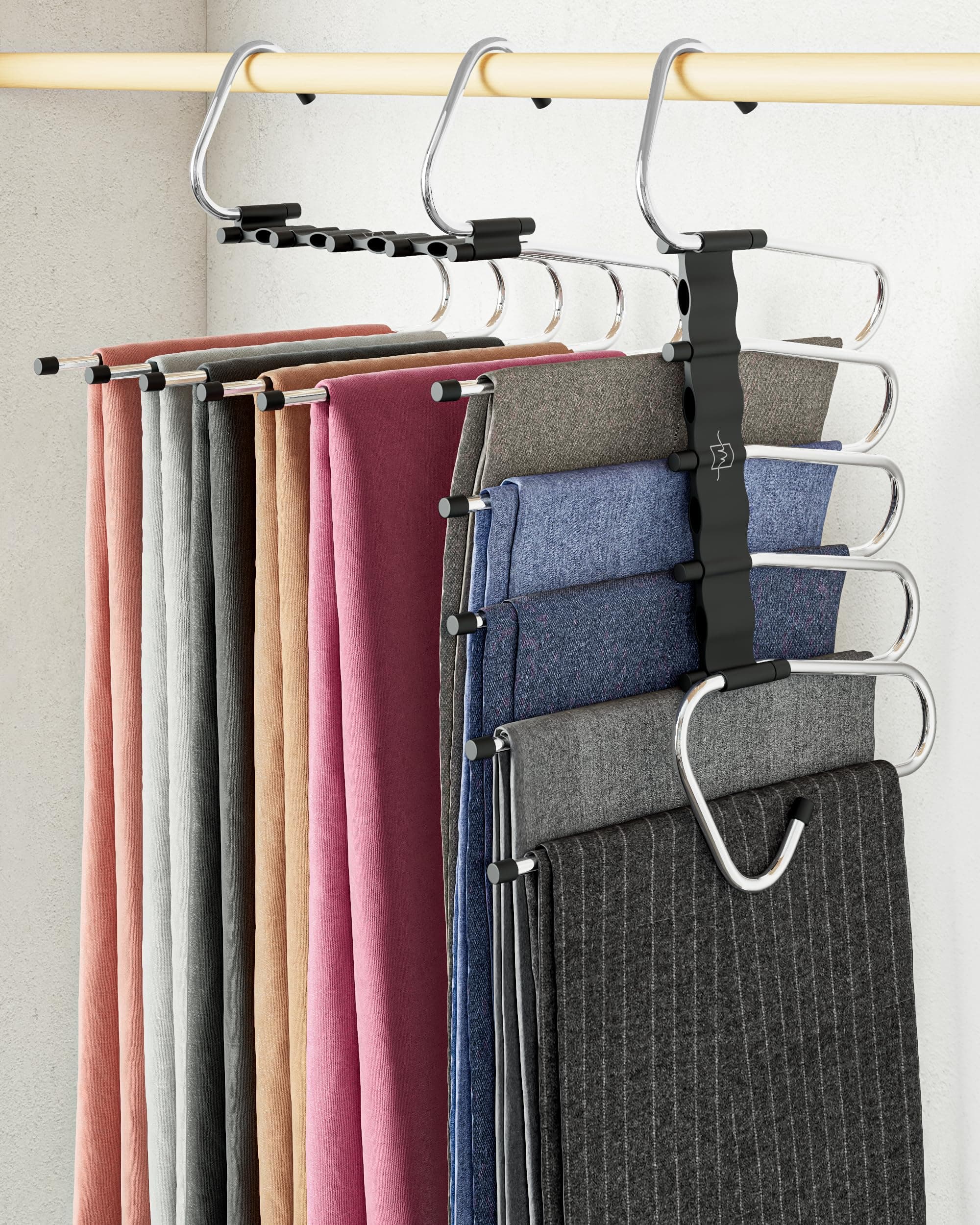 MORALVE Trousers Hangers Space Saving - 2 Pack - Non-Slip Multi-Layer Space Saving Hangers - Multifunctional Clothing Rack for Closet Storage - Ideal for Jeans, Pants, Skirts, Scarves & Slacks (Black)