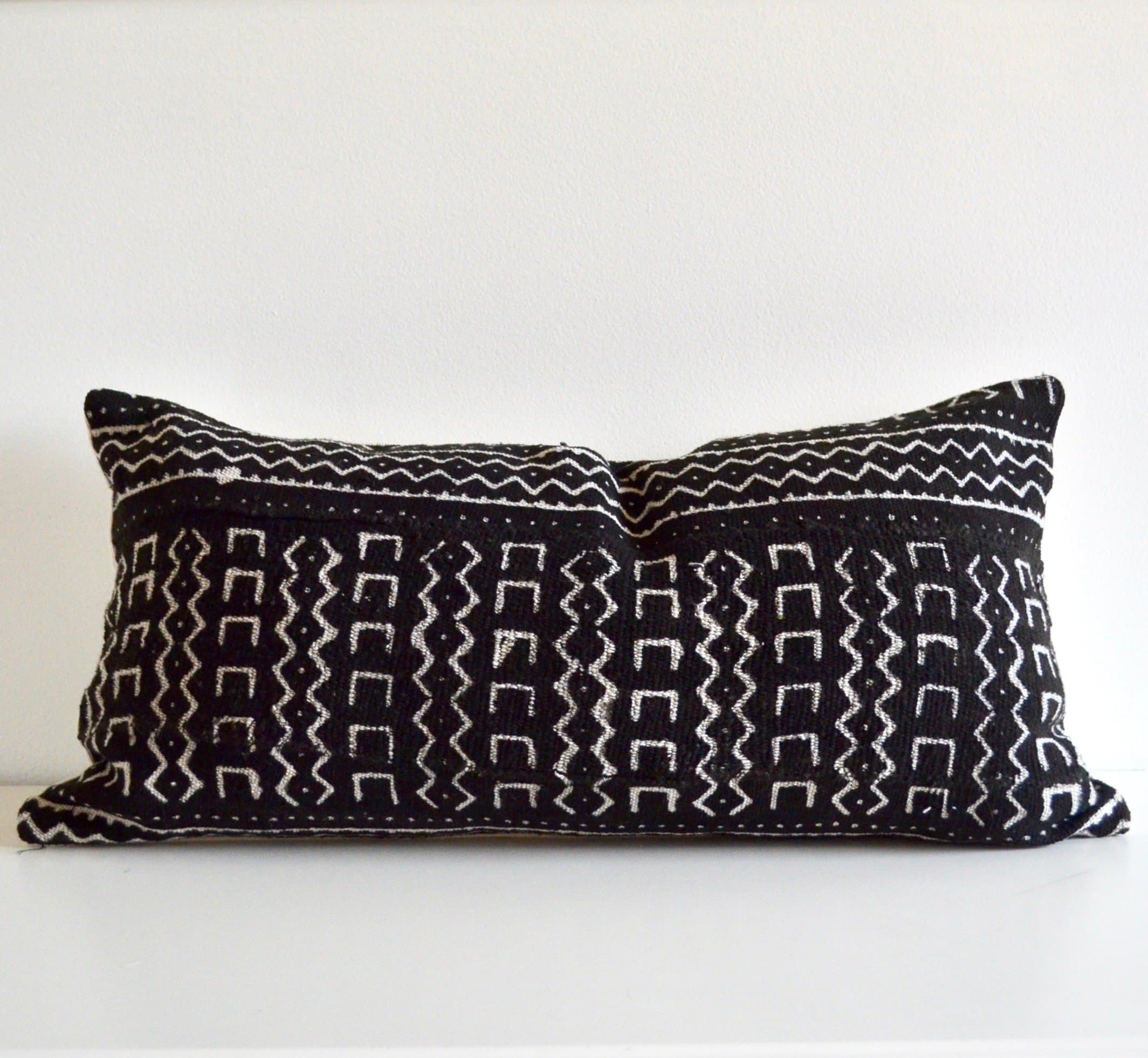 Black White Mudcloth Vintage lumbar rectangular 12'' x 24'' Pillow Cover
