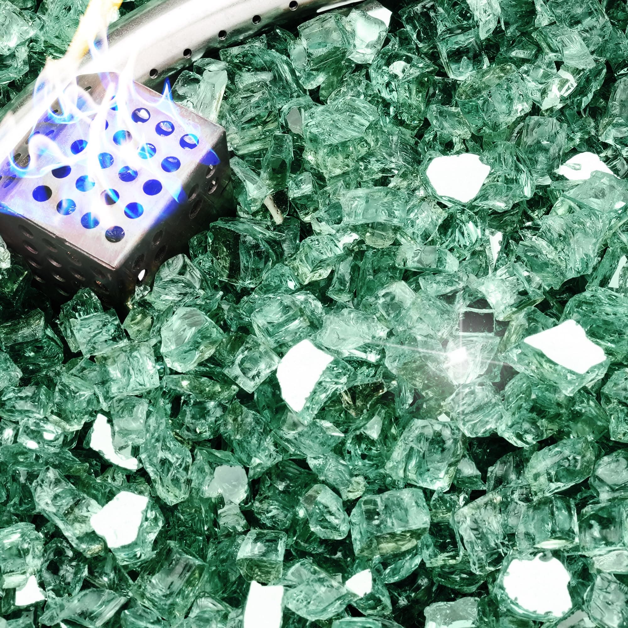 NUPICK 5 Pound Fire Glass, 1/2 Inch Reflective Fire Pit Glass, Tempered Firepit Glass Rock for Propane or Natural Gas, Glass Rocks for Fire Pit Table, Fireplace Glass for Landscaping, Green