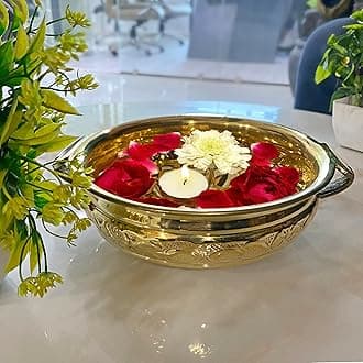 Craftsman SATVIK Decorative 12.25" Inch (10" Inner Dia) Embossed Brass Urli For Floating Candles and Flowers Designer Bowl For Living Room Decoration