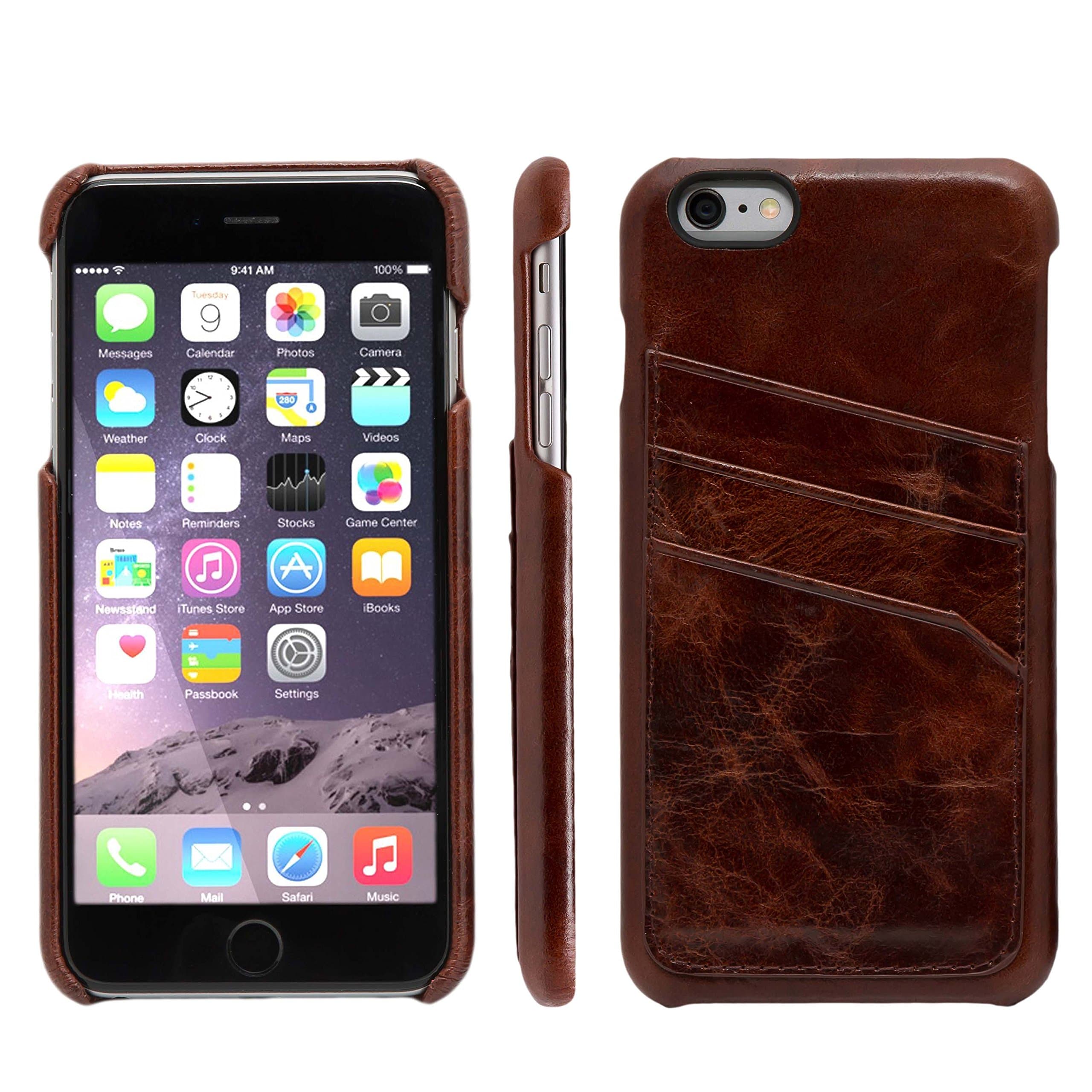 atKITE iPhone 6 Plus / 6S Plus case, Genuine Leather Vintage Style Back Cover Case - Coffee - Card Holder - Ultra Slim - Precise Cut and Design - Handcrafted