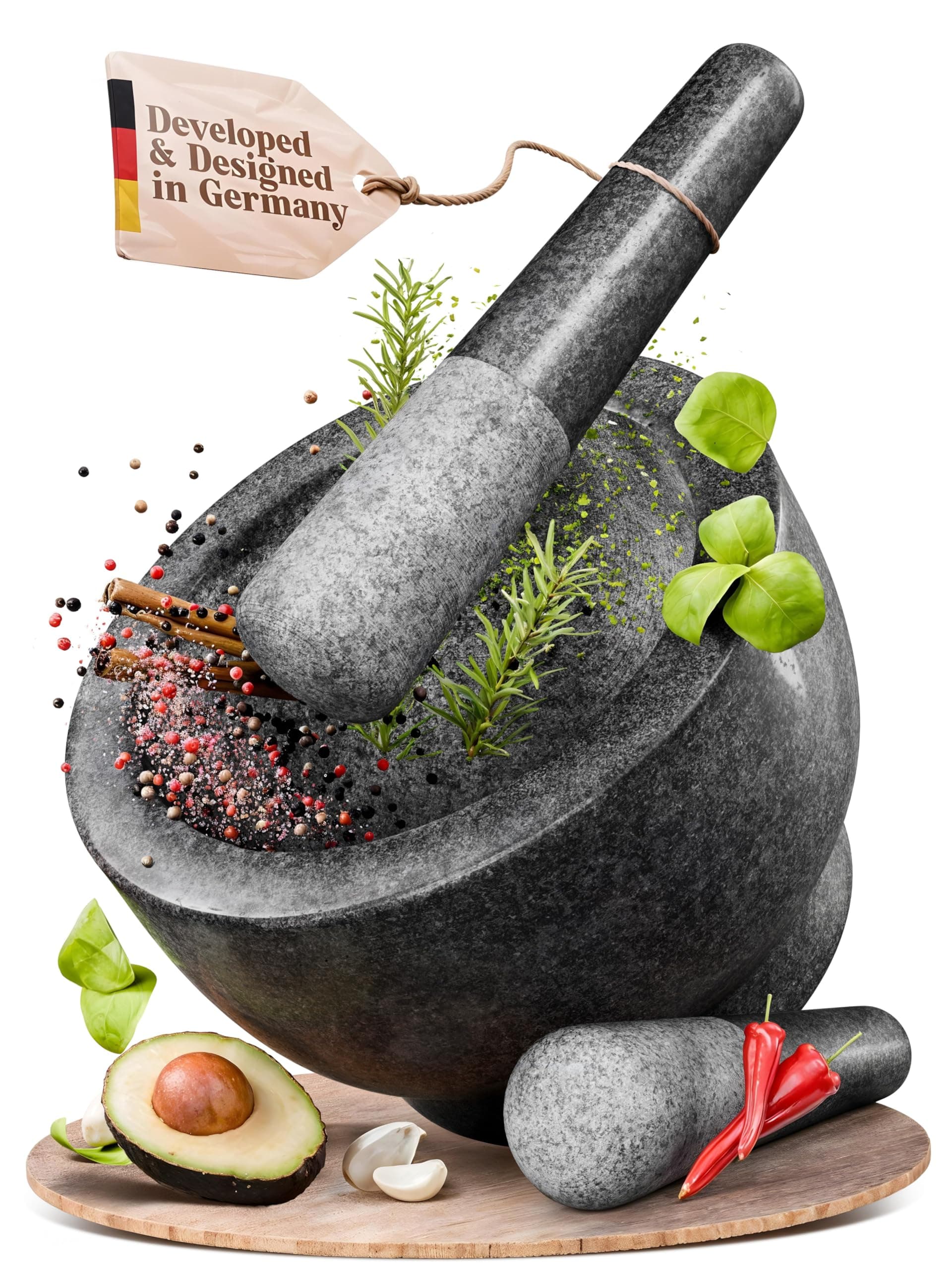 ChefSofi Extra Large 8 Inch 5 Cup-Capacity Mortar and Pestle Set - Black Polished Exterior - One Huge Mortar and Two Pestels: 8.5 inch and 6.5 inch