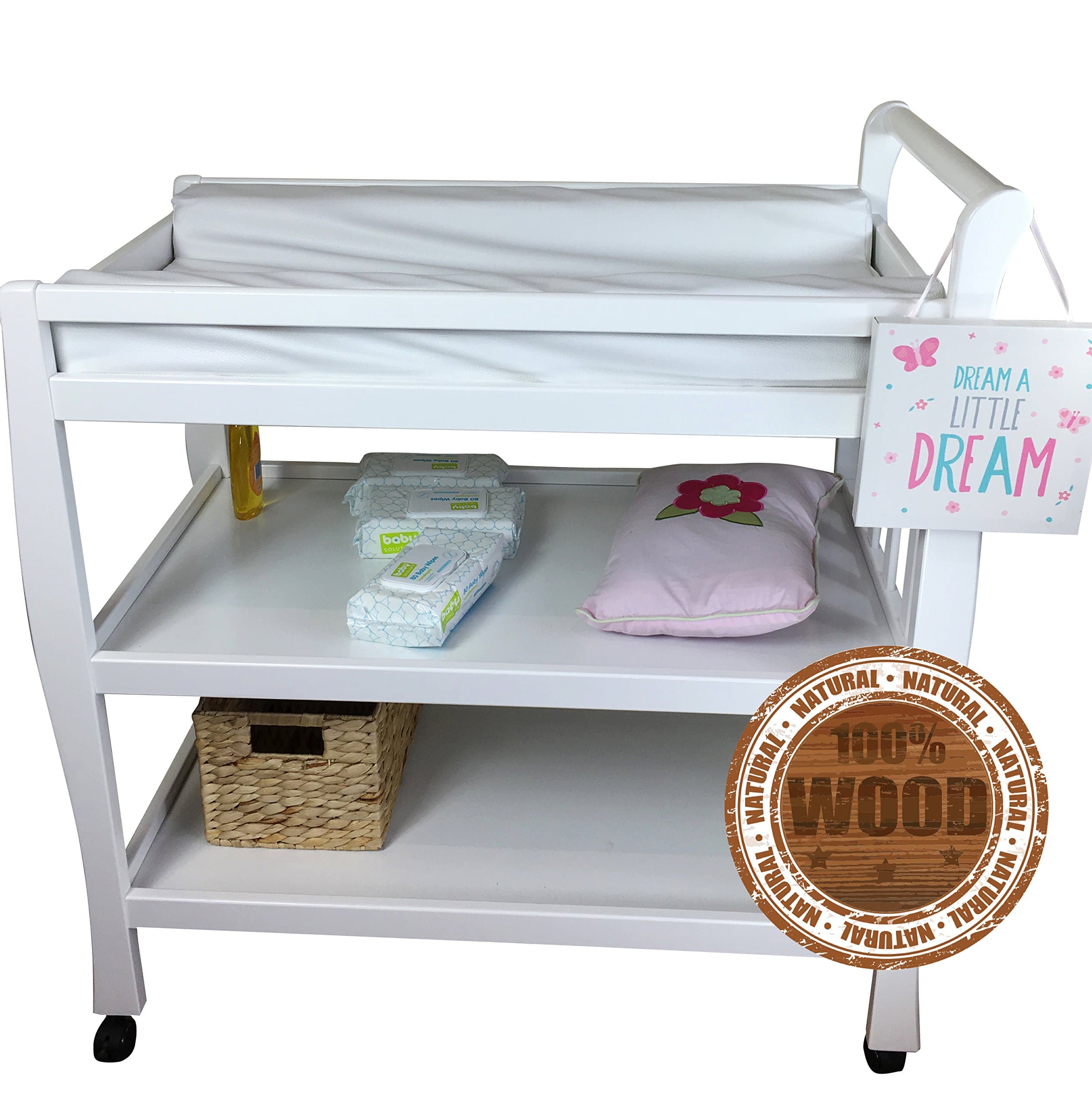 Solid Pine Baby Diaper Change Table with 2 Shelves (White)