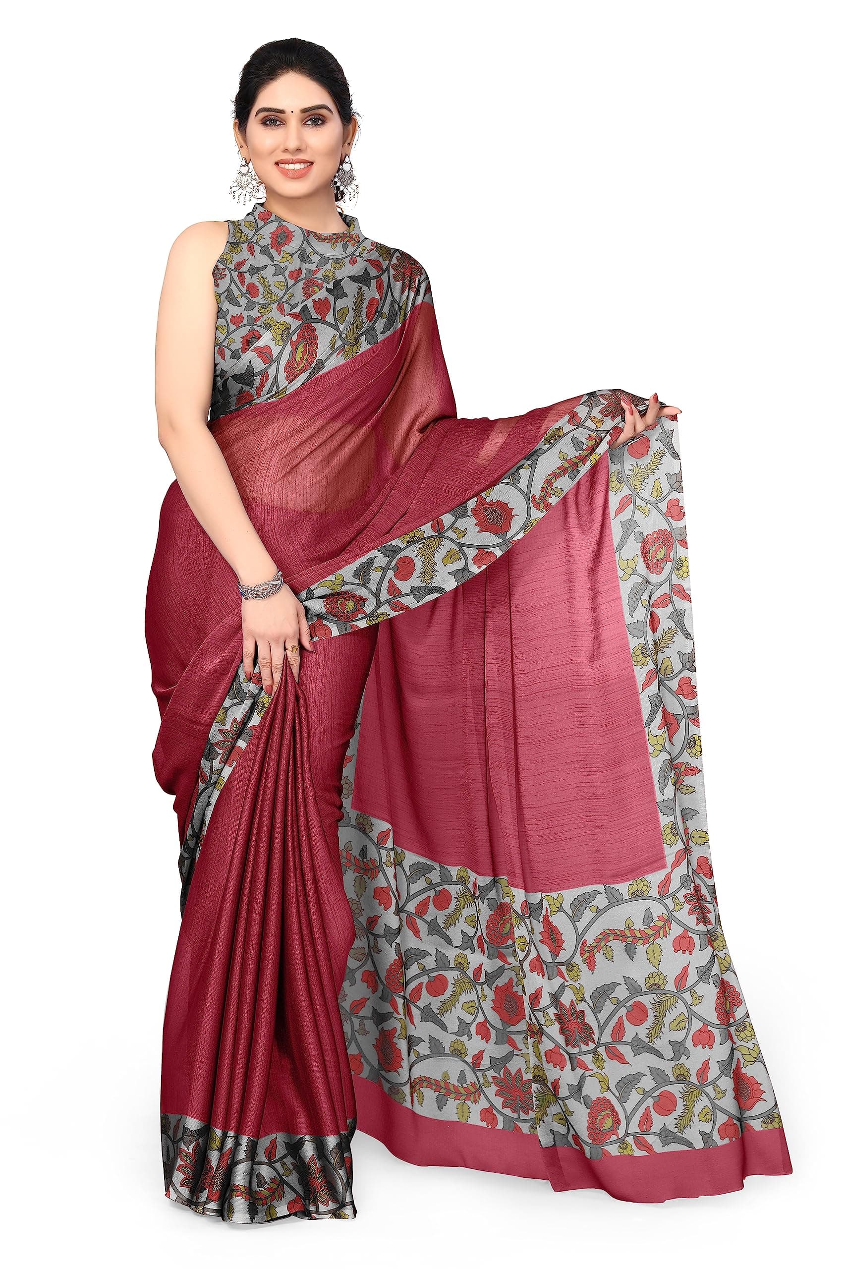 Women's Chiffon Ajrakh Border Pallu Pririnted Solid Saree with Blouse Piece