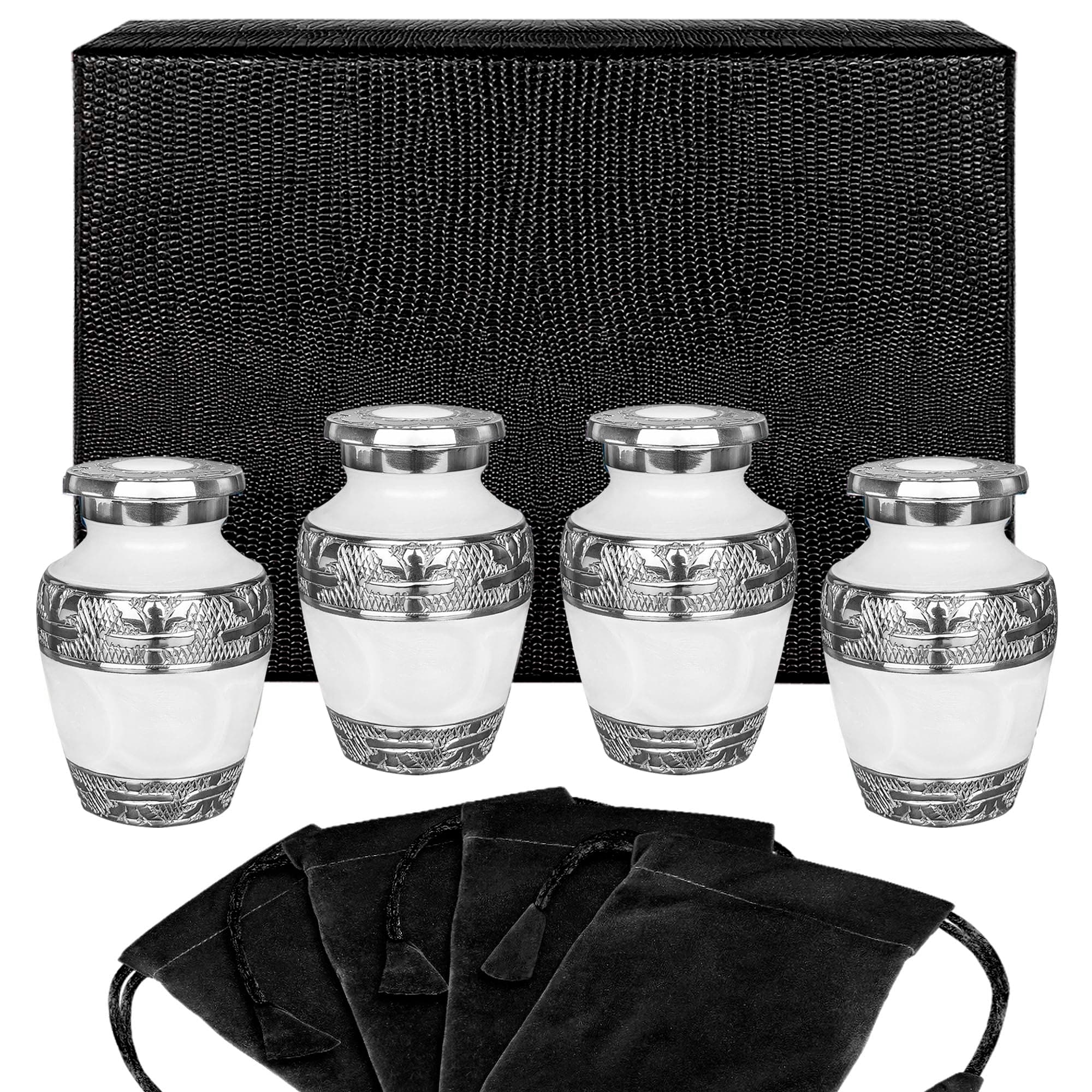 Trupoint Memorials Small Urns for Human Ashes Keepsake, Decorative Mini Cremation Urn for Adult Men & Women, Set of 4, White with Silver Lining
