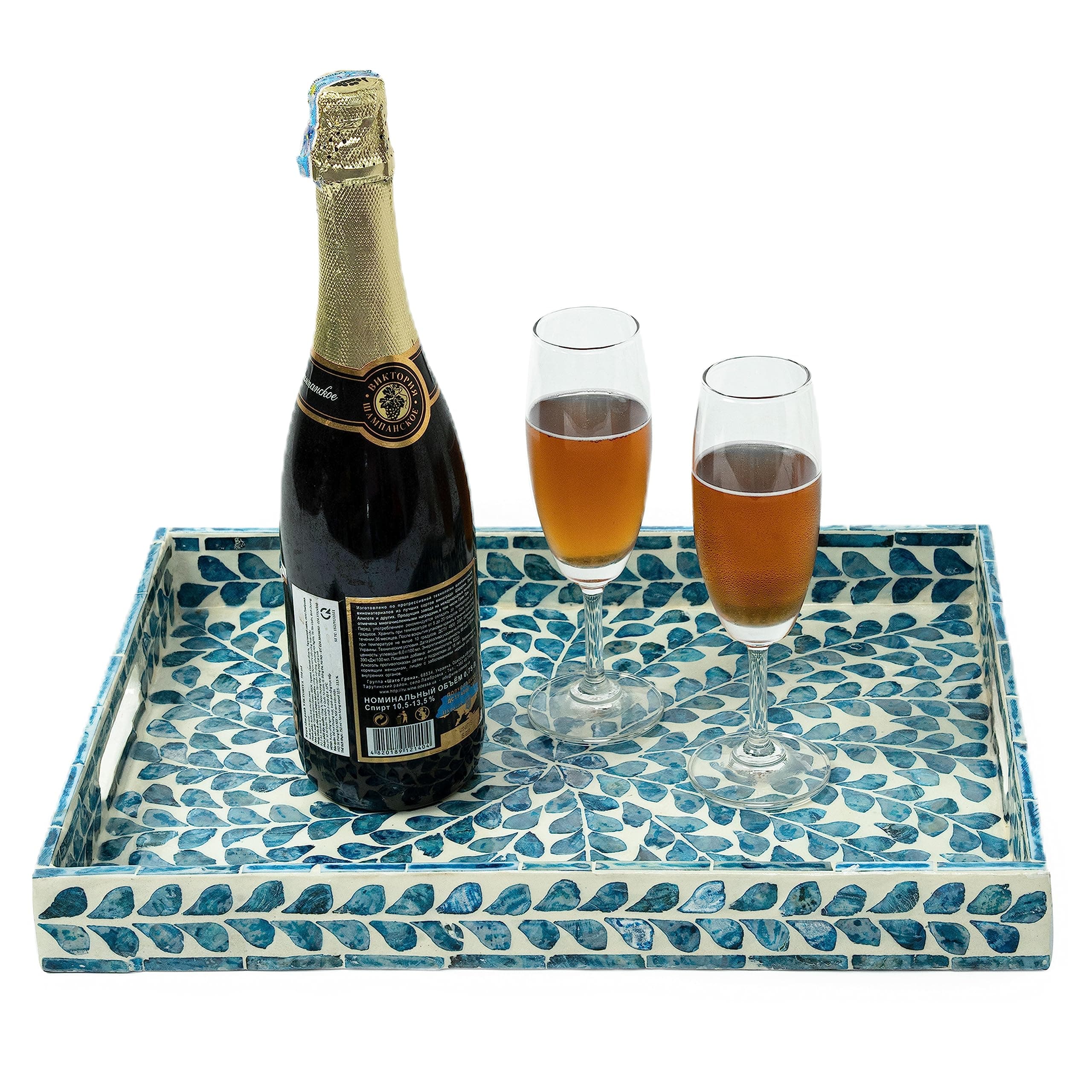 CLAYNIX Rectangular Wooden Marble Tray, 15.7" x 11.8", Lacquered Mother of Pearl Inlay Mosaic, Blue Floral Pattern, Handles, Perfect for Tea, Breakfast in Bed, Table Decor