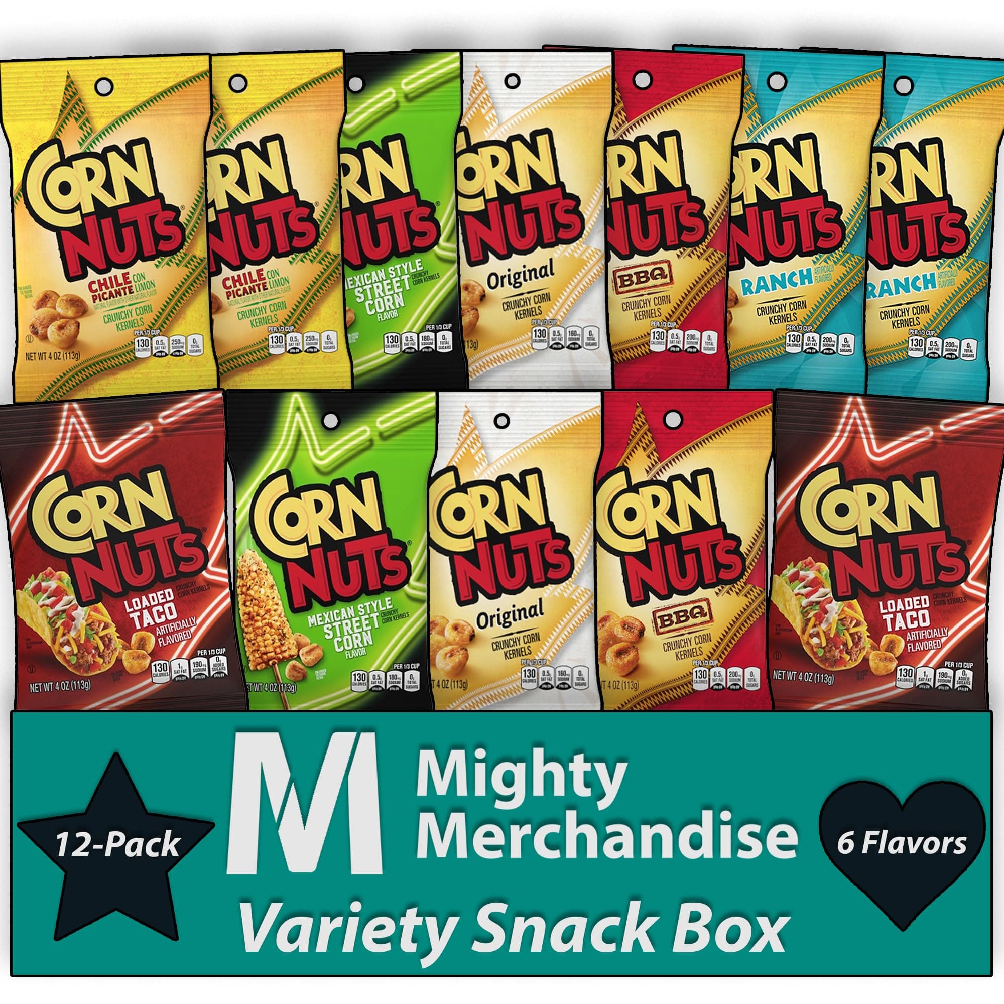 Corn Nuts Variety Pack - 12 Pack - 4 Ounces Each - Jalapeno Cheddar, Chile Picante, Ranch, Original, and BBQ - Bulk Box - With Mighty Merchandise Bag Clip