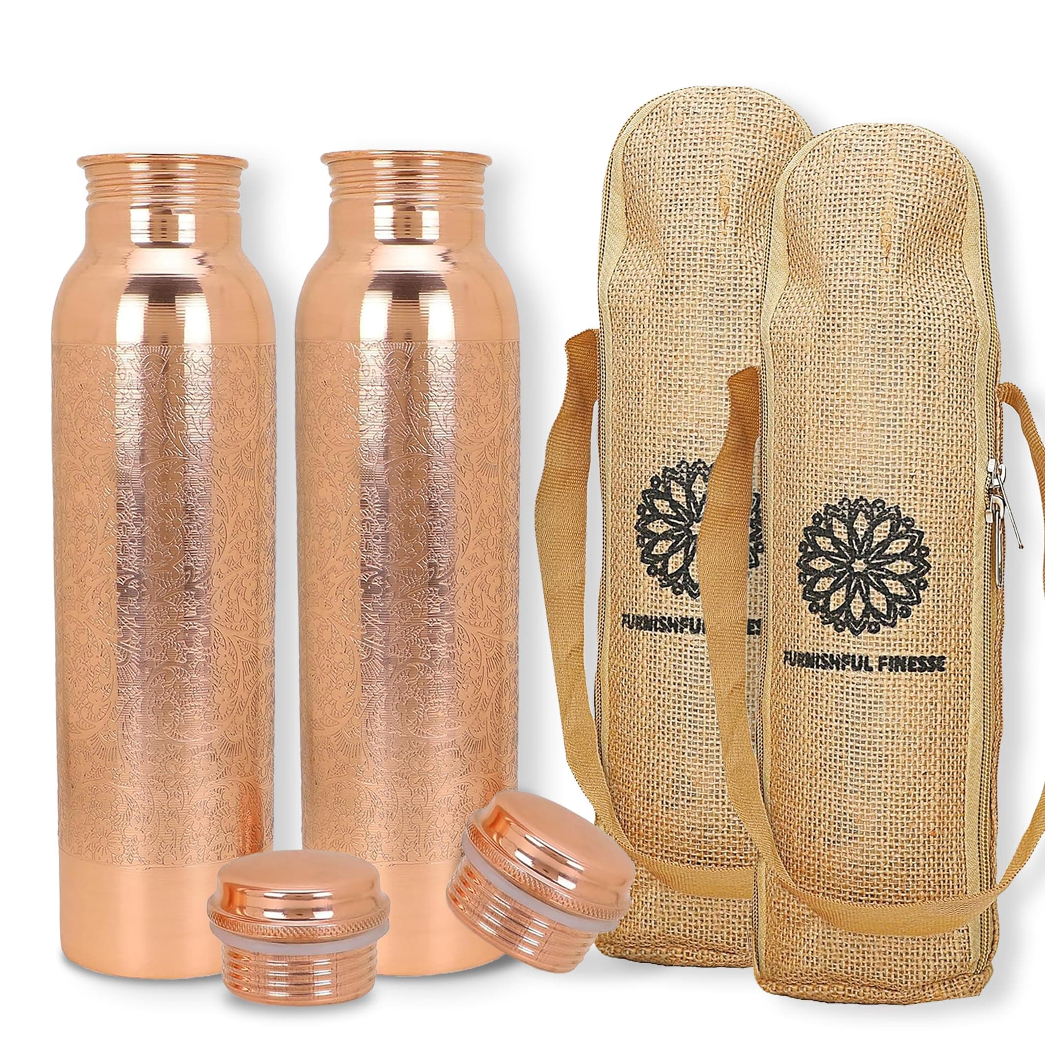 Copper Water Bottle For Drinking Pure Copper Bottle 1000 ml With Carrying Bag For Sports, Yoga, Gym,Office,Hiking (Pack of 2, Natural Meena Bottle)