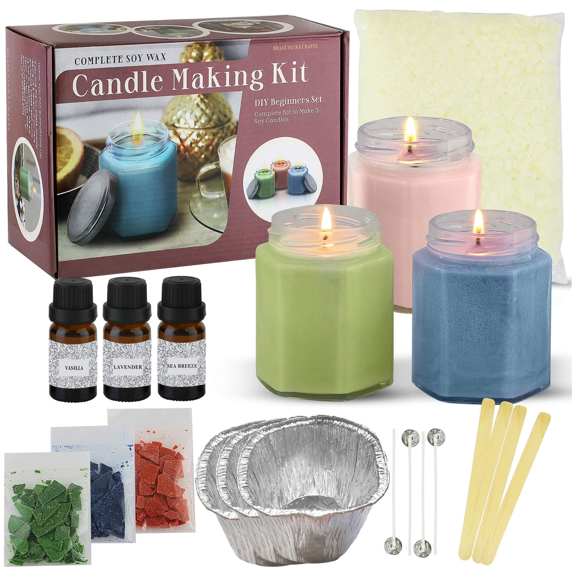 Candle Making Kit DIY Beginners Set Complete Soy Wax - Includes Candle Making Supplies to Make 3 Candles with Soy Wax, Premium Essential Oils, Jars, Color Dye Chips, Wax Melting Pot and More.