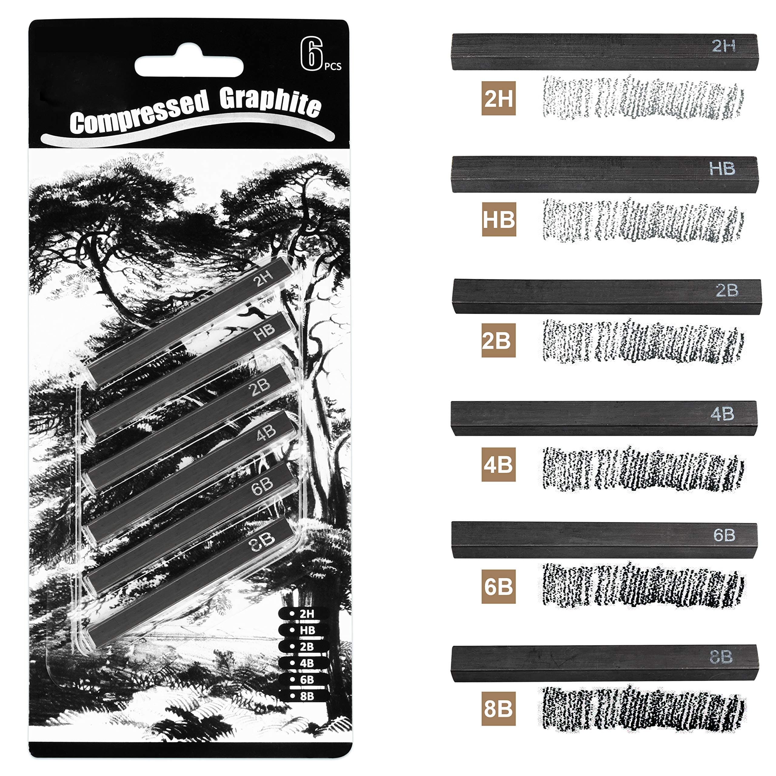 MyLifeUNIT Compressed Graphite, Square Drawing Pencils for Artists, Pack of 6 (2H, HB, 2B, 4B, 6B and 8B)