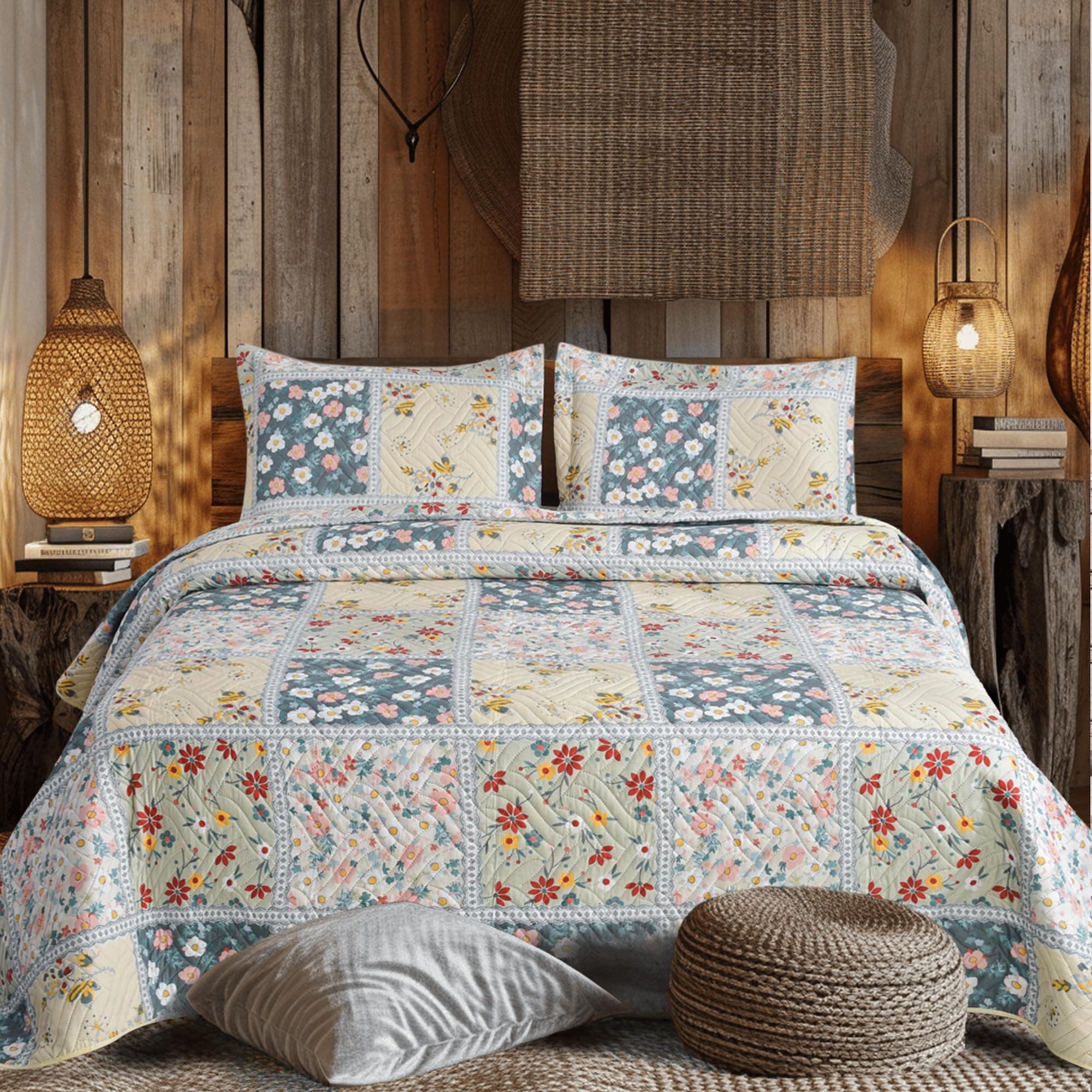 3Pcs Patchwork Quilted Bedspreads with 2 Shams | Reversible Floral Print | Lightweight Quilt Comfort | Fits Double and King Size Beds 220x240cm | 30 Unique Designs (MILAN-104)