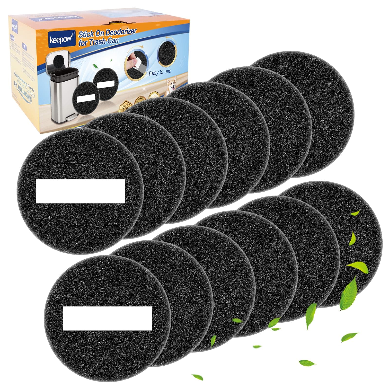 KEEPOW 12 Pack Stick On Deodorizer for Trash Can, Compost Bin Filter, Activated Charcoal Purifying Deodorizer for Indoor Kitchen Compost Bucket, Trash Cans, Countertop and Recycle Bins (Round)