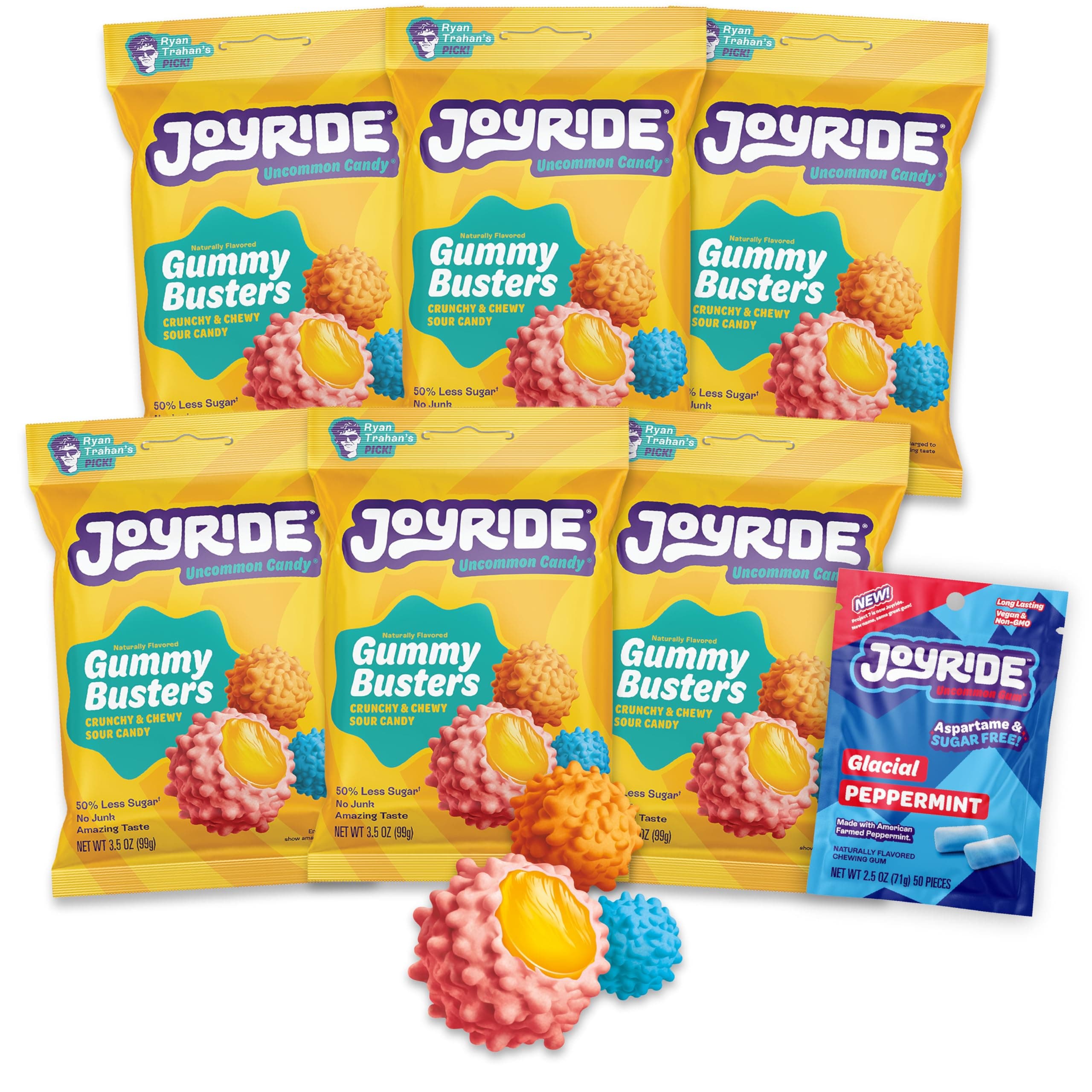 JOYRIDE Gummy Busters - 3.5 oz 6-Pack Bundle with 2.5oz Glacial Peppermint Gum, Low Sugar, Low Calorie Snacks, Dye Free Candy (7 Items)