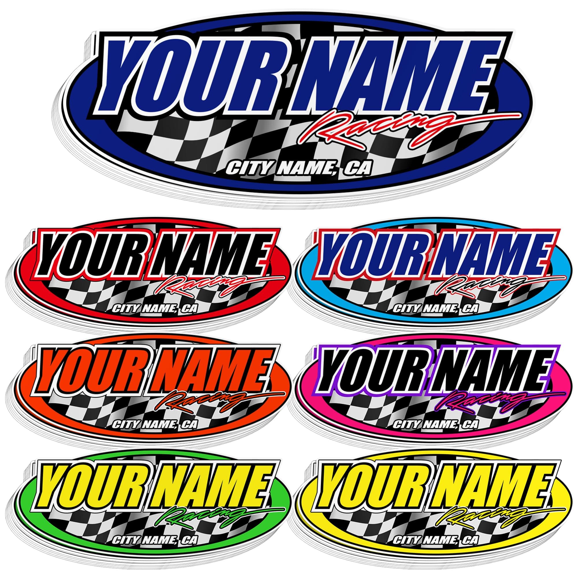 - Custom Racing Name Sticker – Personalized Oval Vinyl Decal with Checkered Flag, Car Racing Style Waterproof Label for Helmet, Car, Bike, Laptop, Toolbox, Garage Gift for Men, Racing Fans