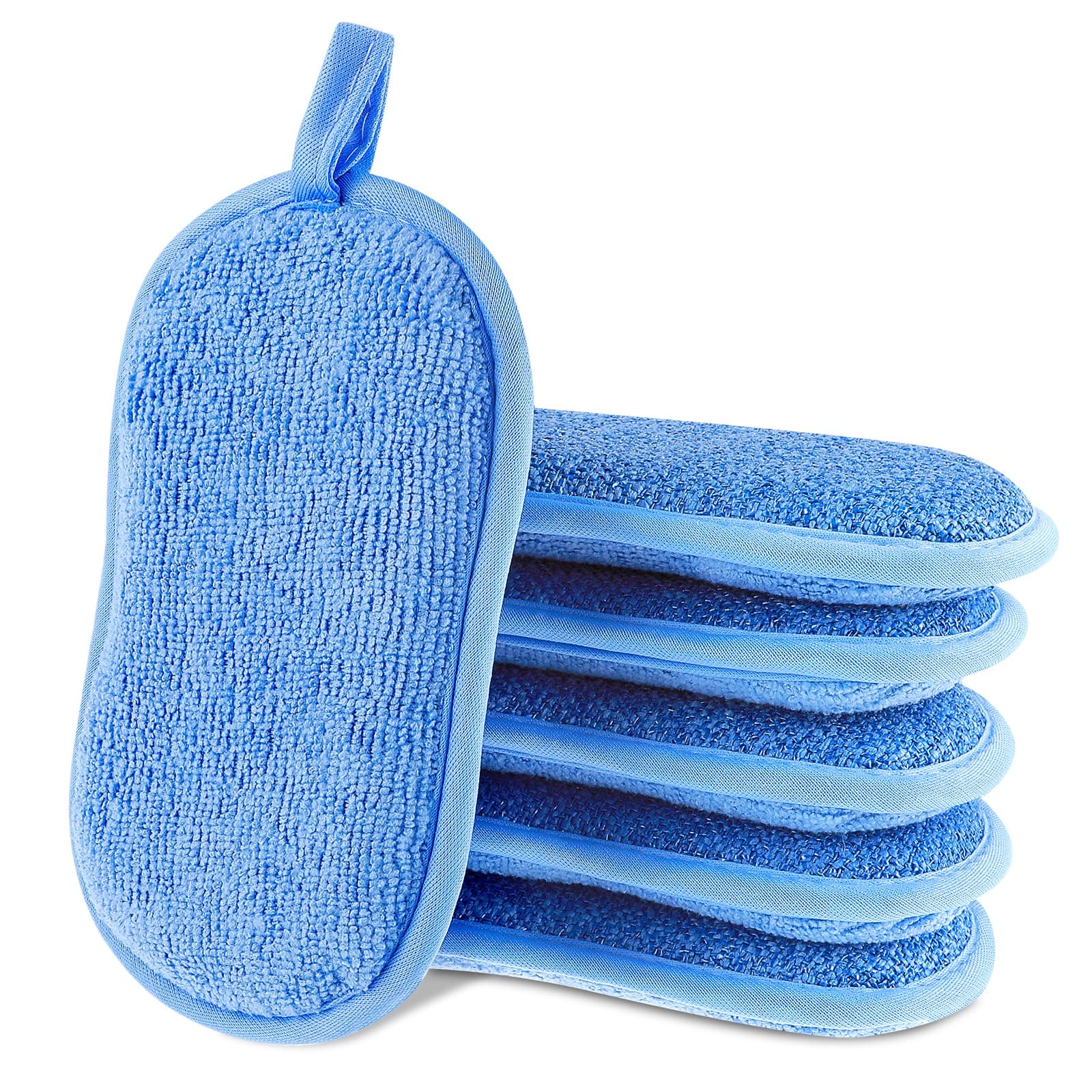 Amaxiu 6 Pack Multipurpose Dish Scrubber Sponges, Non Scratch Sponge Microfiber Side for Dish Rough Side for Non Stick Cookware Reusable Sponge Scrub Sponge Dishcloth for Sink Pan Pot Countertop(Blue)