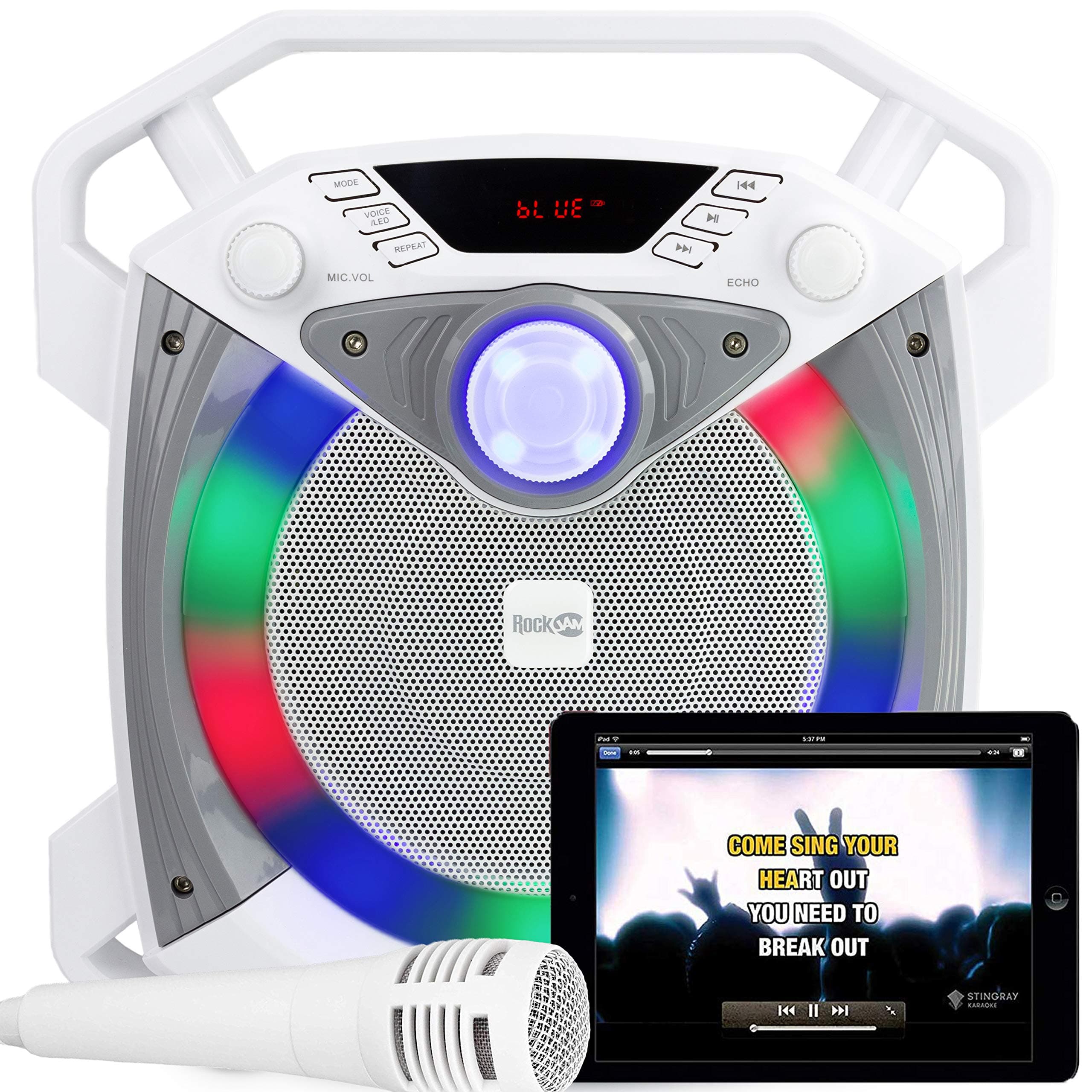 RockJam RJPS100 Singcube 12 Watt Rechargeable Bluetooth Karaoke Machine with Lights Voice Changer and Microphone