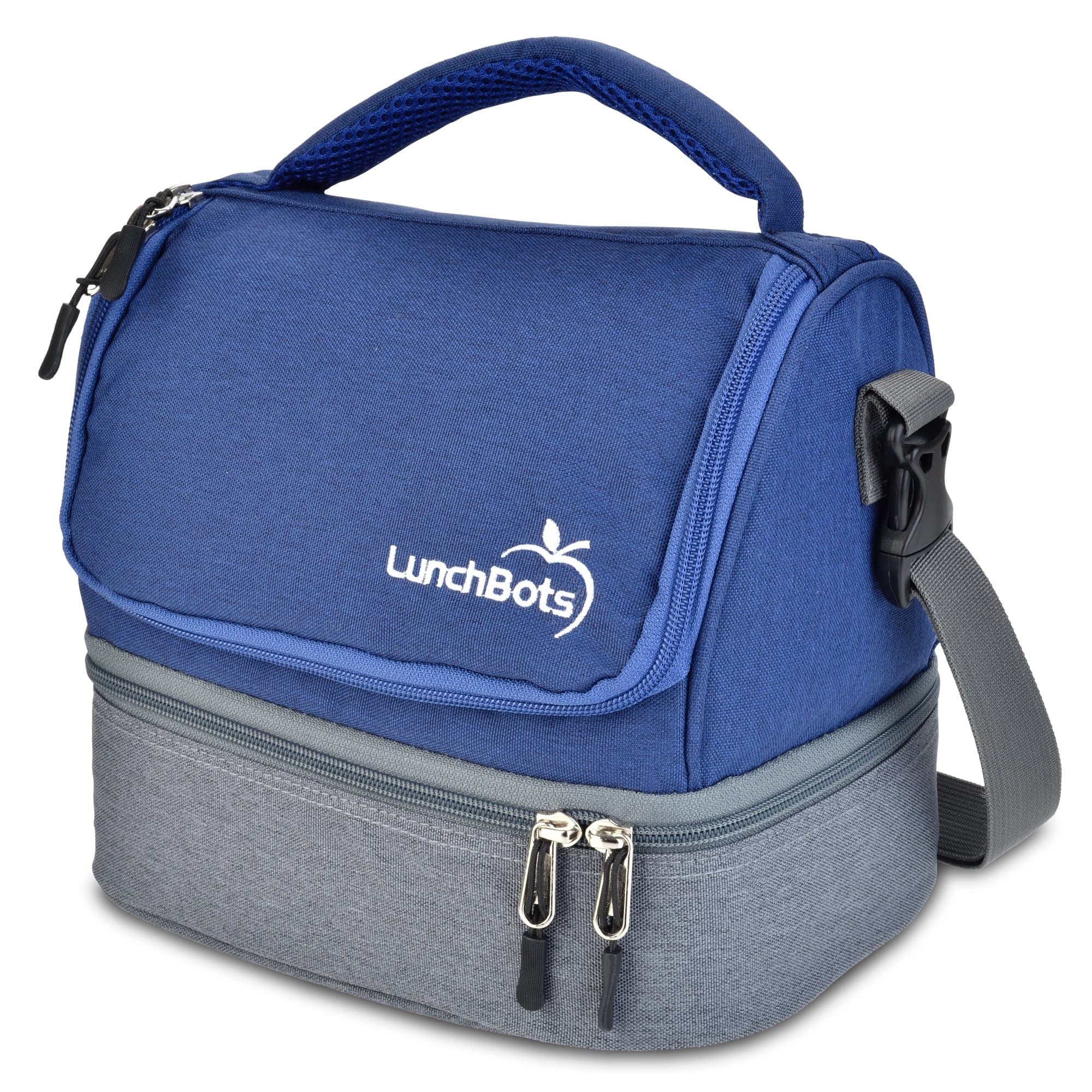 Lunchbots Duplex Insulated Lunch Bag - Two Sections Fit All Containers Perfectly Fits Uno, Duo, Trio, Quad, Rounds, Bento, Thermal Gray/Blue